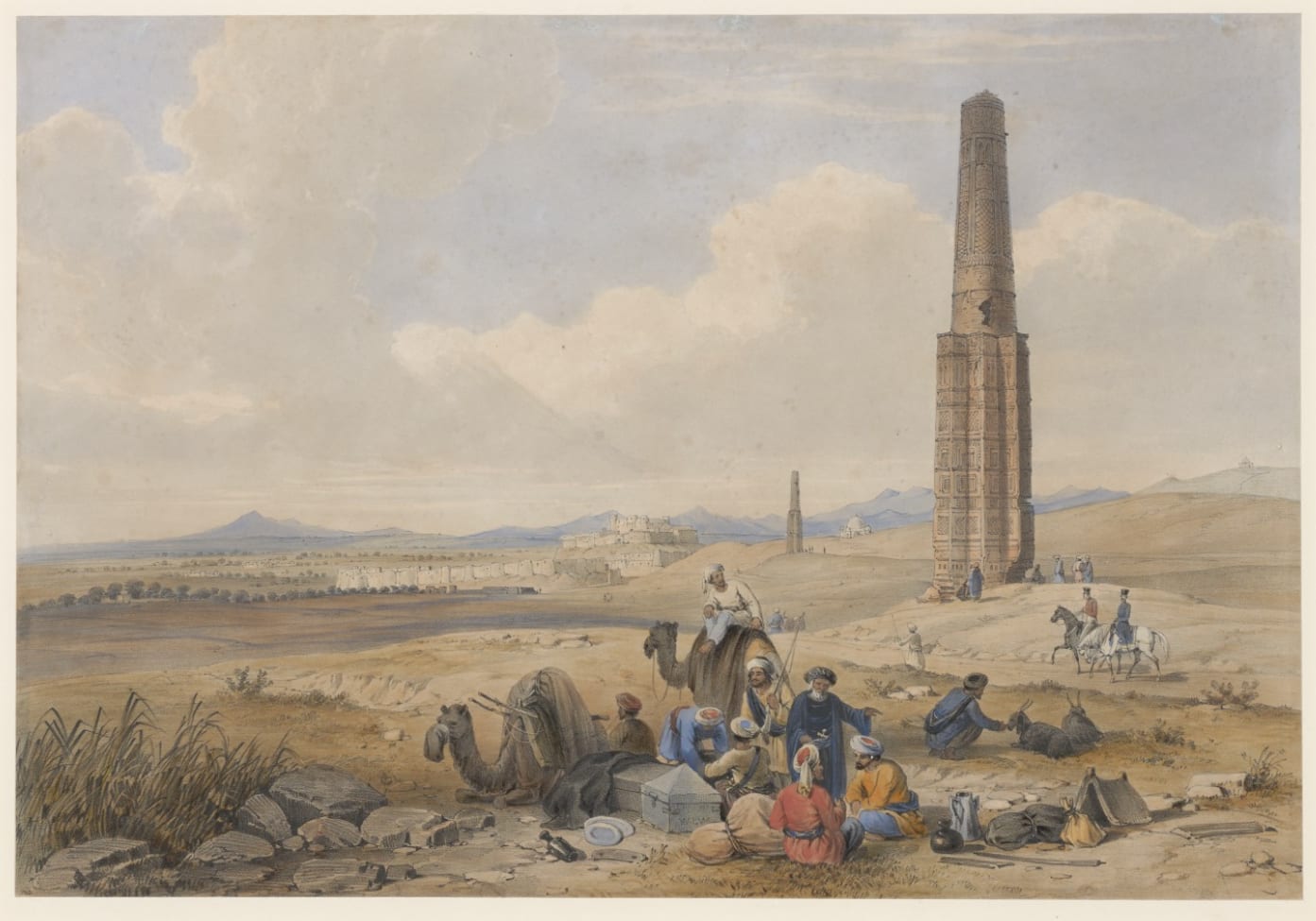 A hand-coloured lithograph of travellers and camels resting on a dry plain, with two tall brick minarets and a walled hilltop fortress behind them