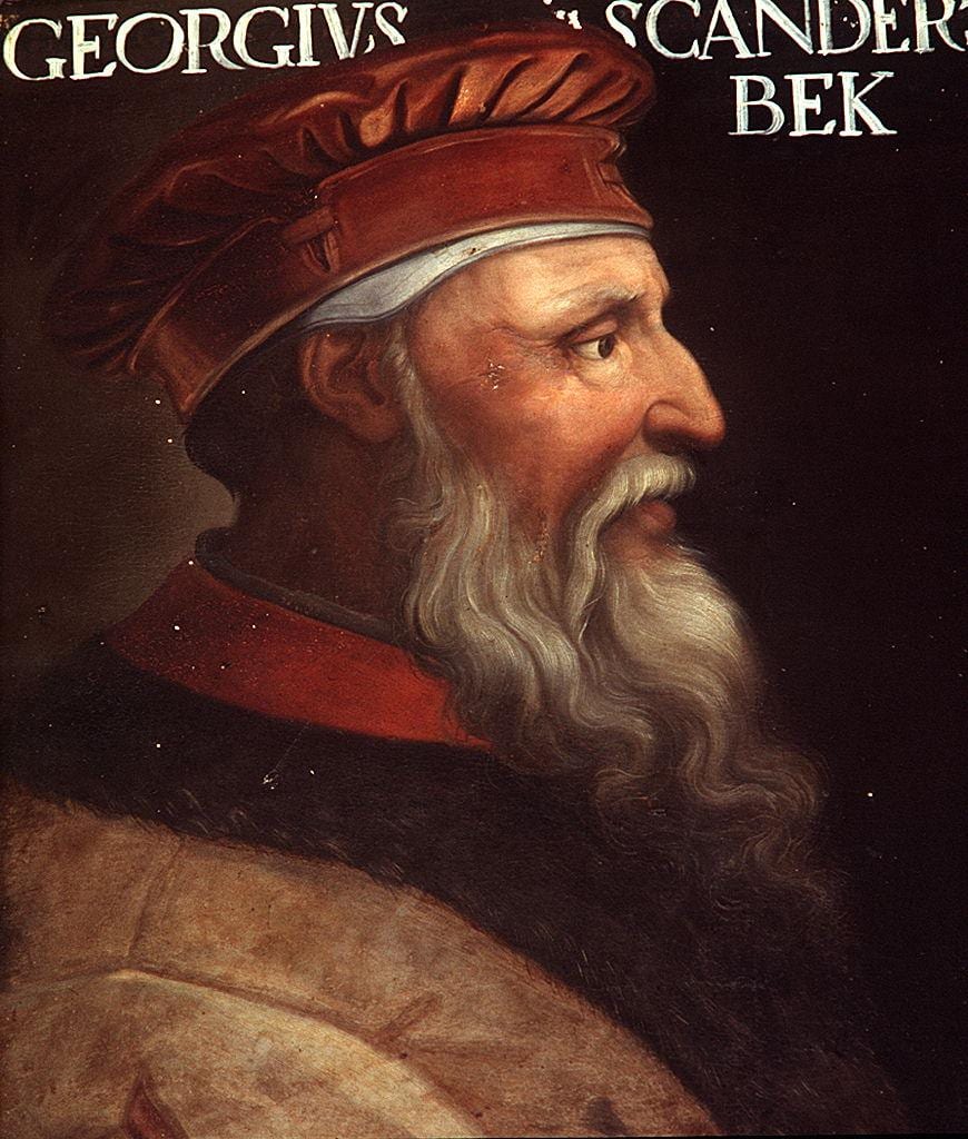 A 16th-century oil portrait of a bearded man in armour wearing a horned helmet