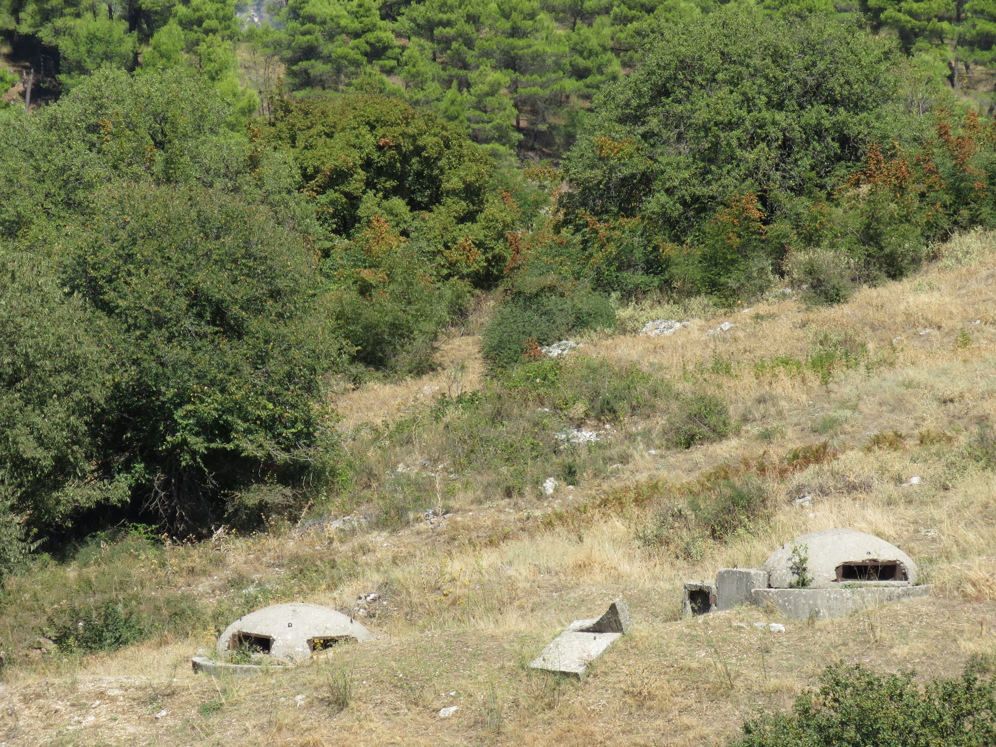 Several small domed concrete bunkers scattered across a green farmed valley floor