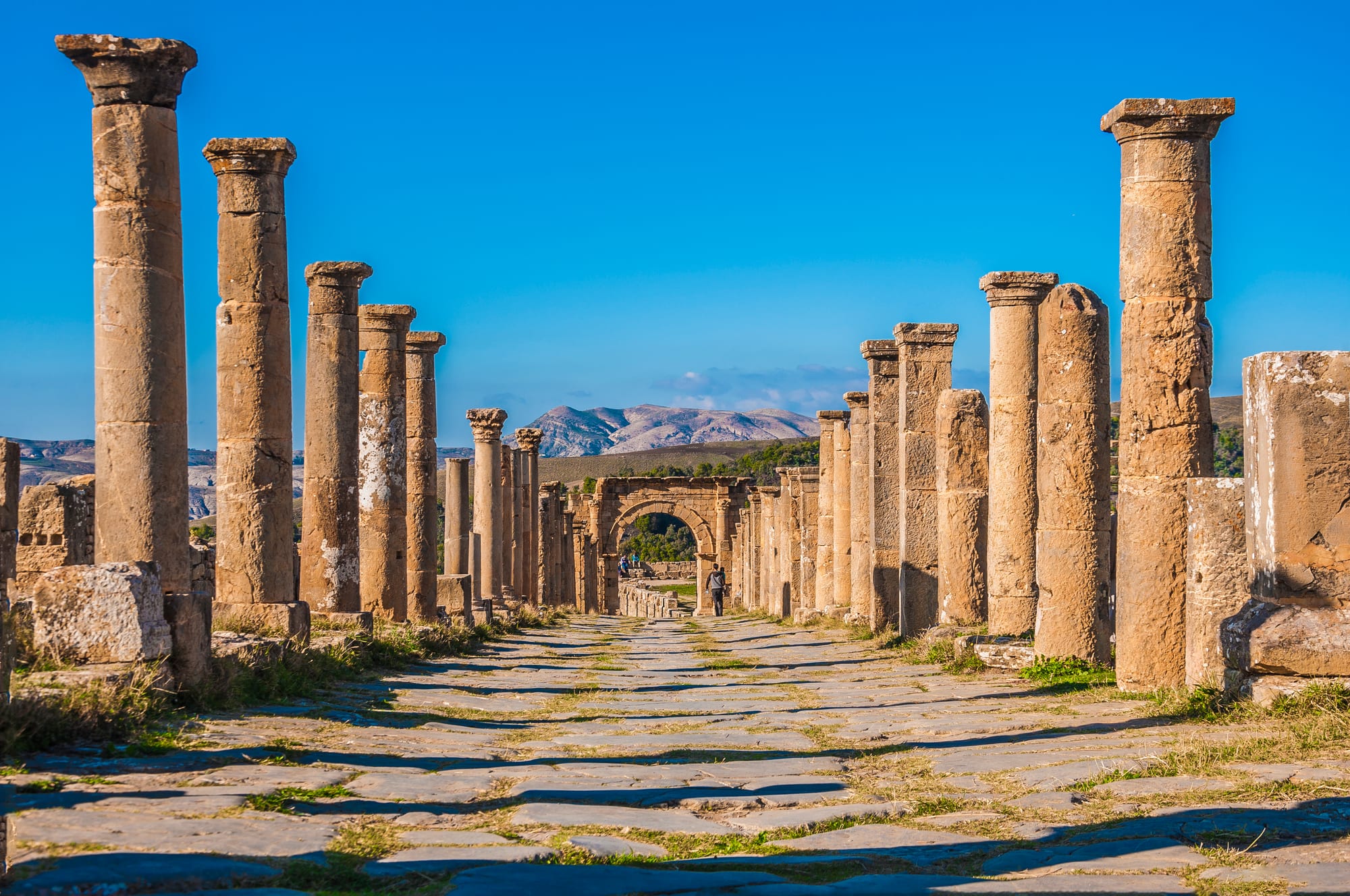 A colonnaded Roman street leading to a stone arch, with mountains behind