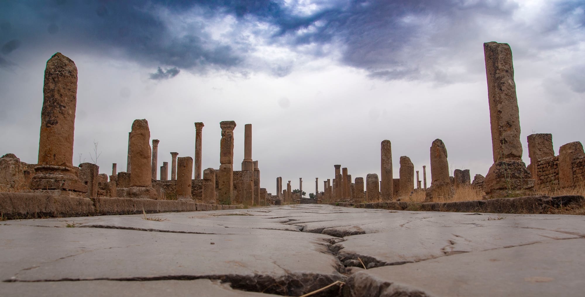 A grid of ruined Roman streets, columns and a triumphal arch on a dry plain below mountains