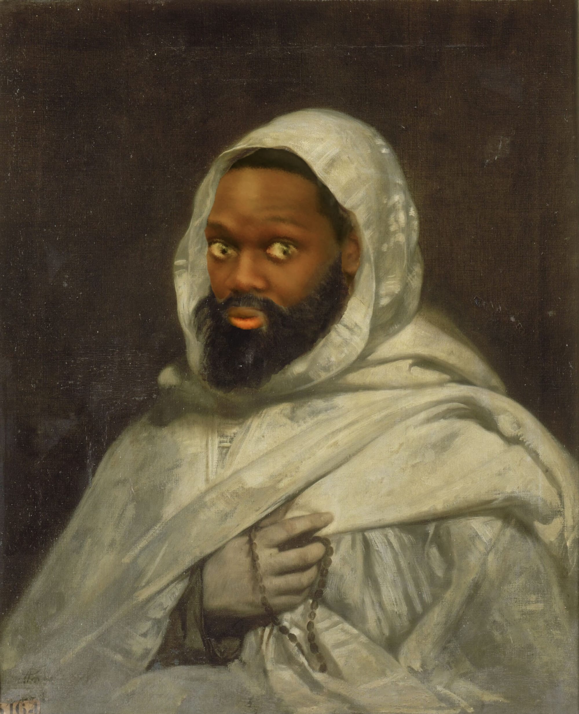 A 19th-century painted portrait of a bearded man in a white burnous and turban