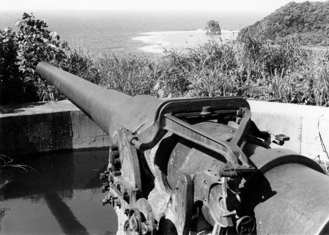 A large rusted naval gun on a concrete mount among tropical undergrowth
