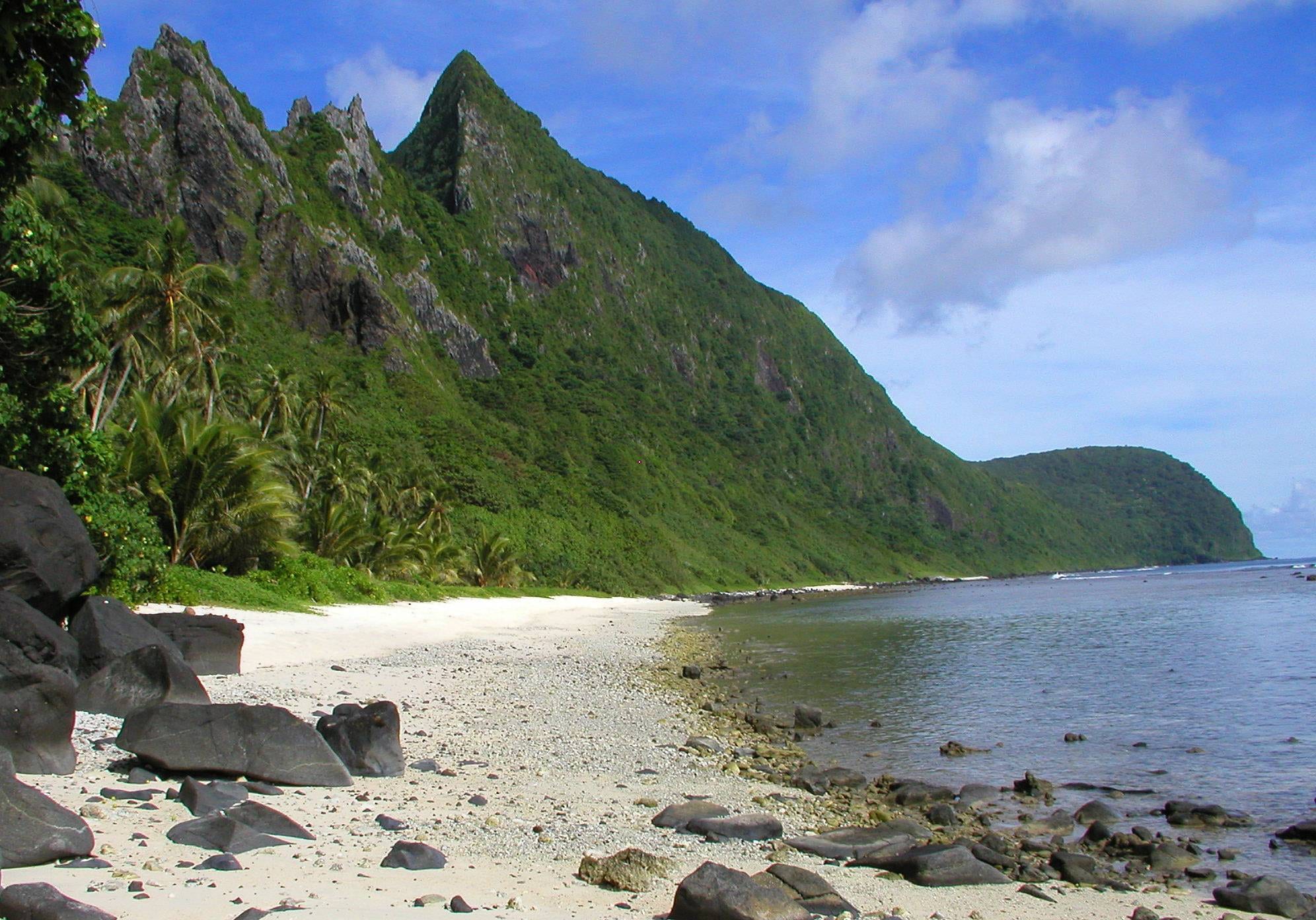 An empty white-sand beach with palms and a green mountain behind, turquoise water in front