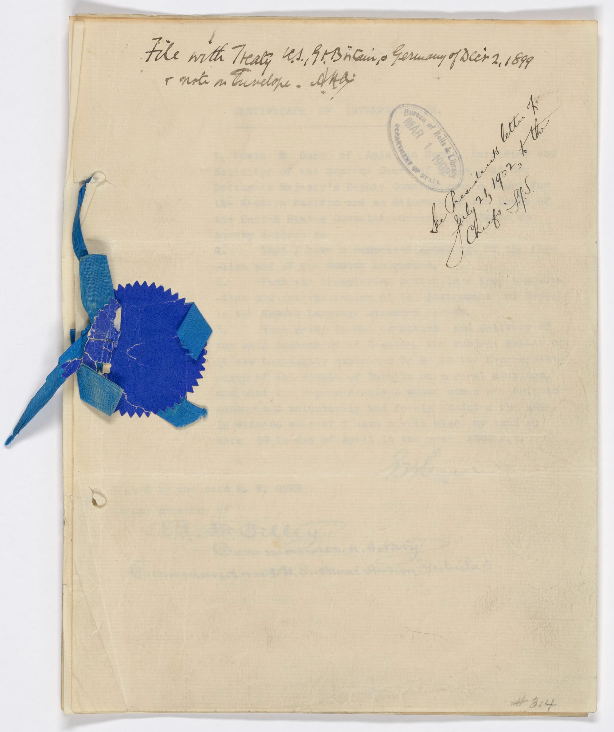 The first page of a handwritten 1900 legal document headed as an instrument of cession