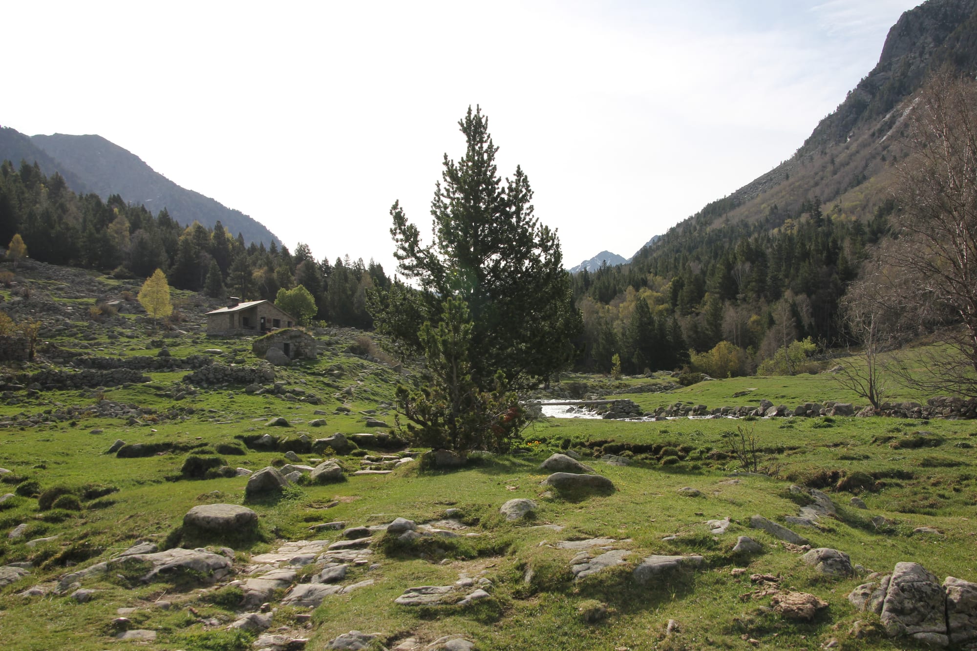 A green glacial valley with a stream, stone huts, and high bare ridges above