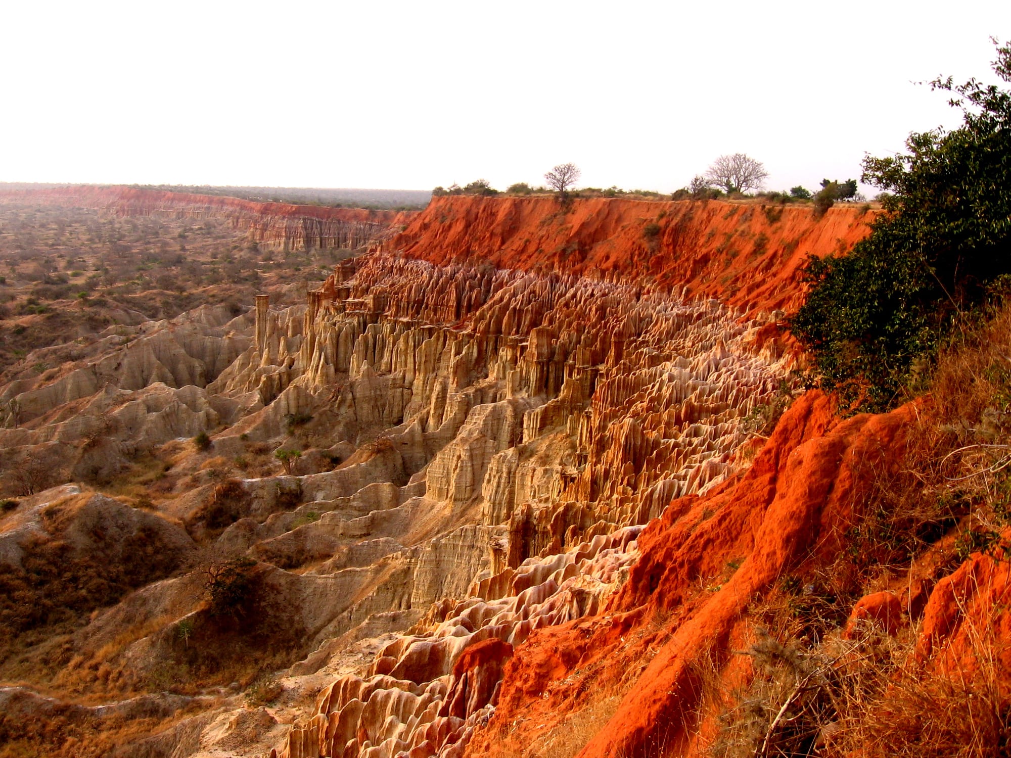 Sharp eroded ridges and gullies of pale rock dropping toward the sea