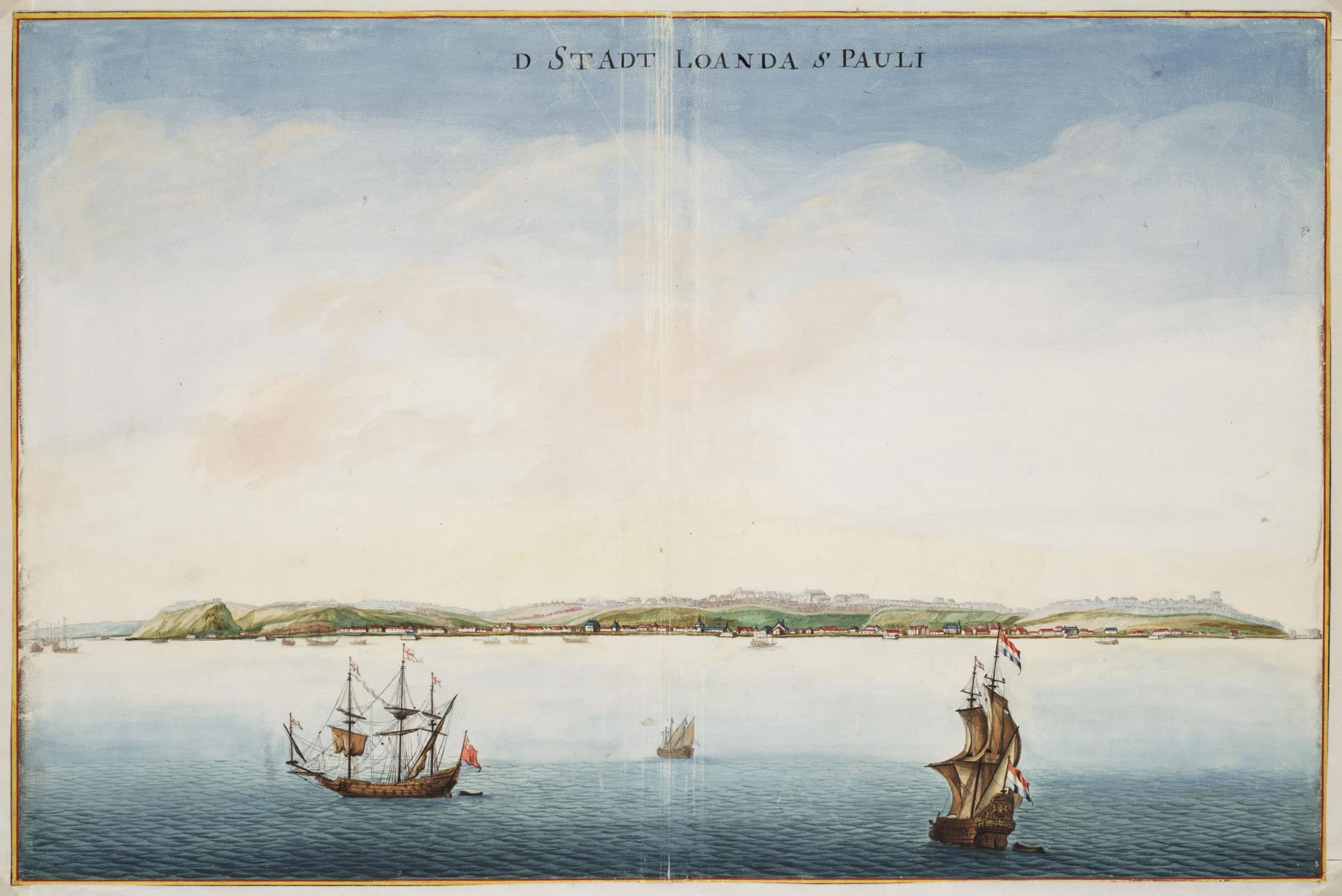 A 17th-century Dutch watercolour of a low coastal town seen from the sea, with two sailing ships in the foreground under a wide pale sky