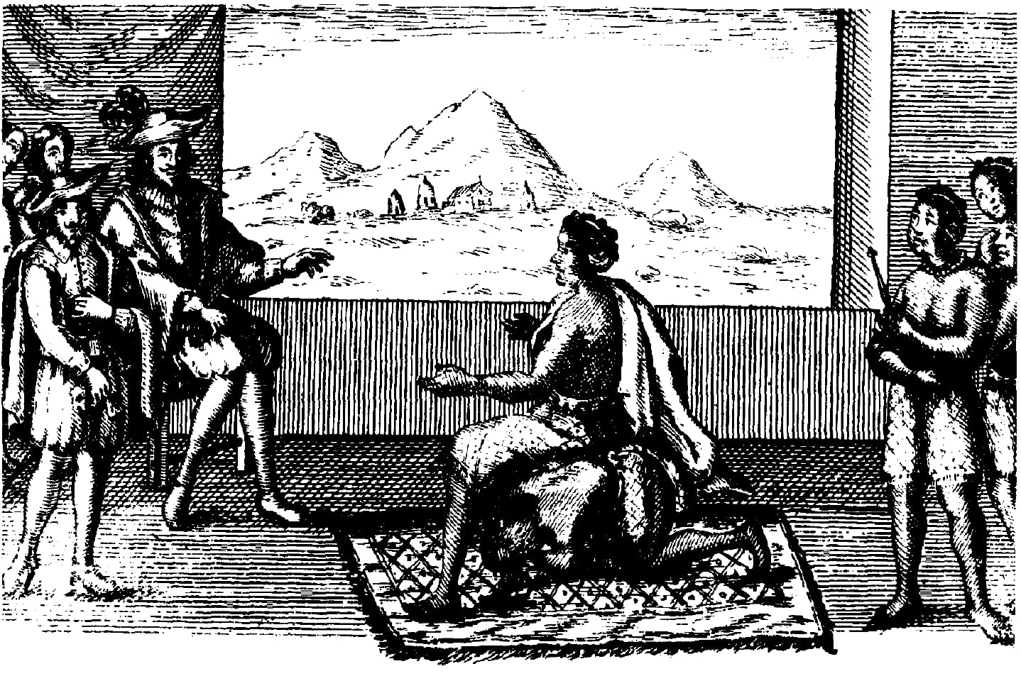 A 17th-century European engraving of Queen Njinga seated on an attendant's back at a parley