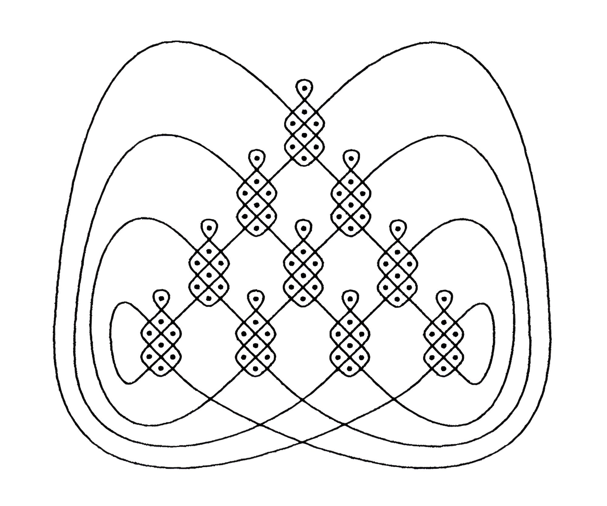 A black line drawing on white of looping curves winding around small clusters of dots arranged in a triangle
