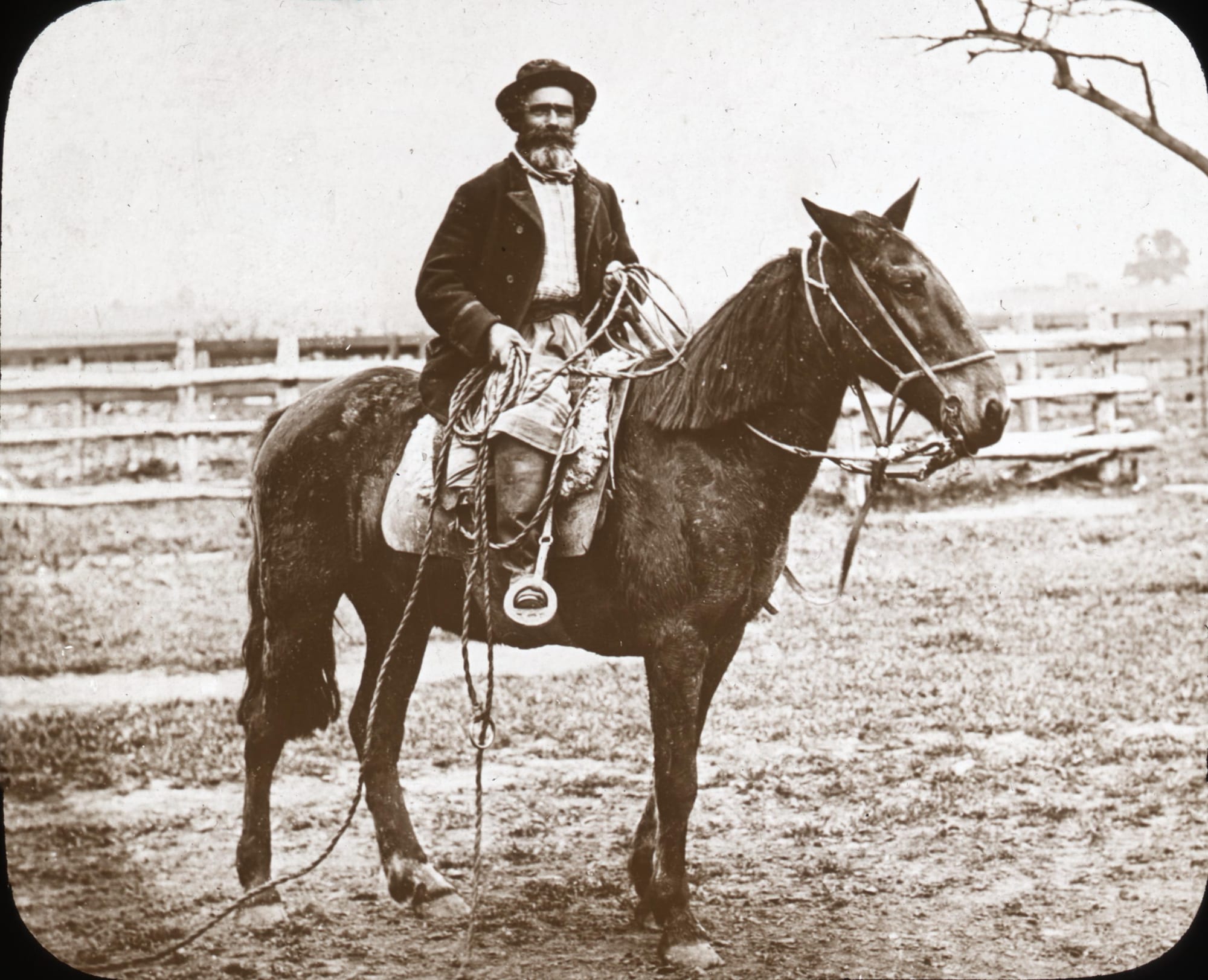 A 19th-century photograph of a mounted gaucho in a poncho with a wide-brimmed hat on open plains