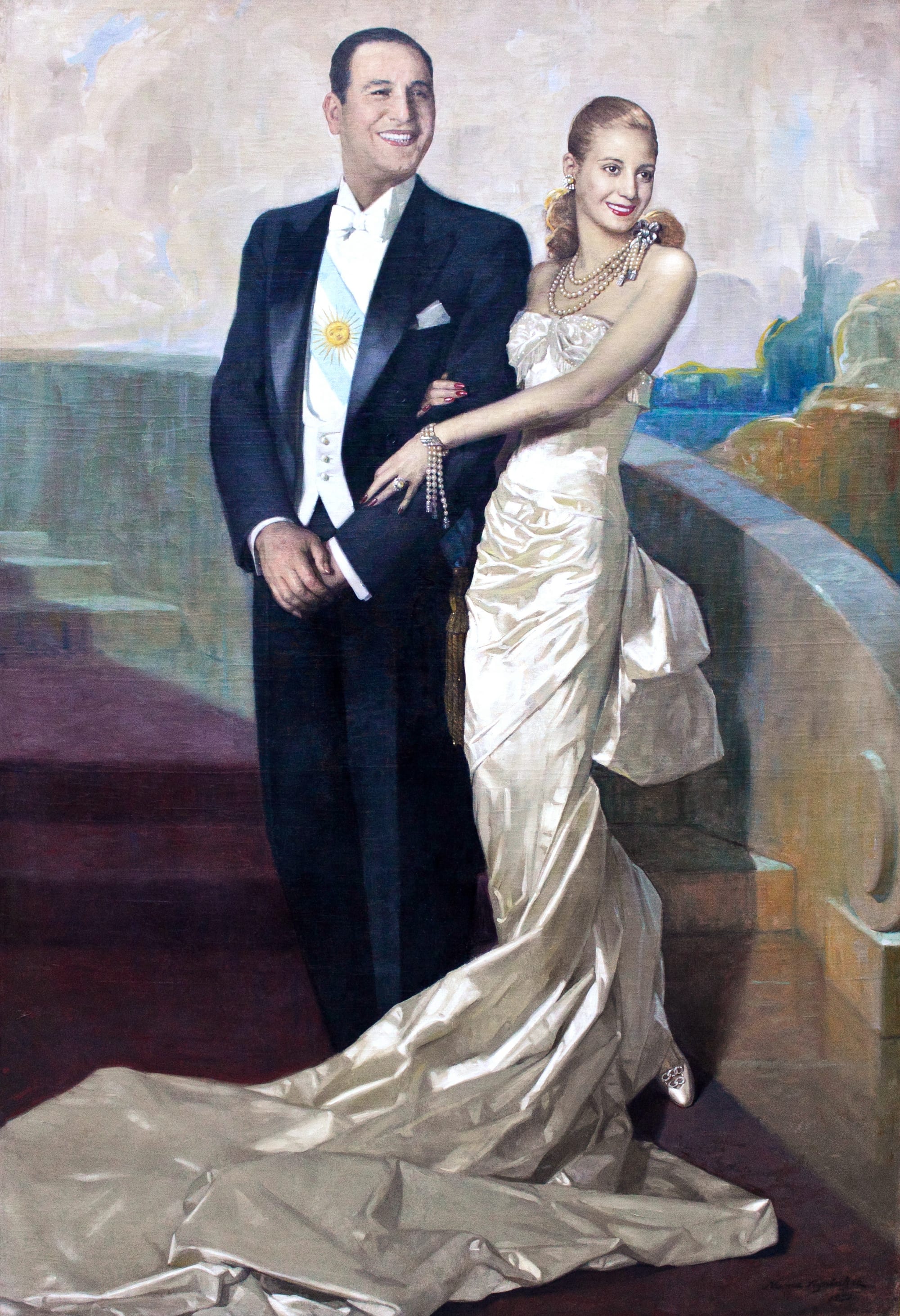 A formal state portrait of a man in a dark suit and a blonde woman in an evening gown
