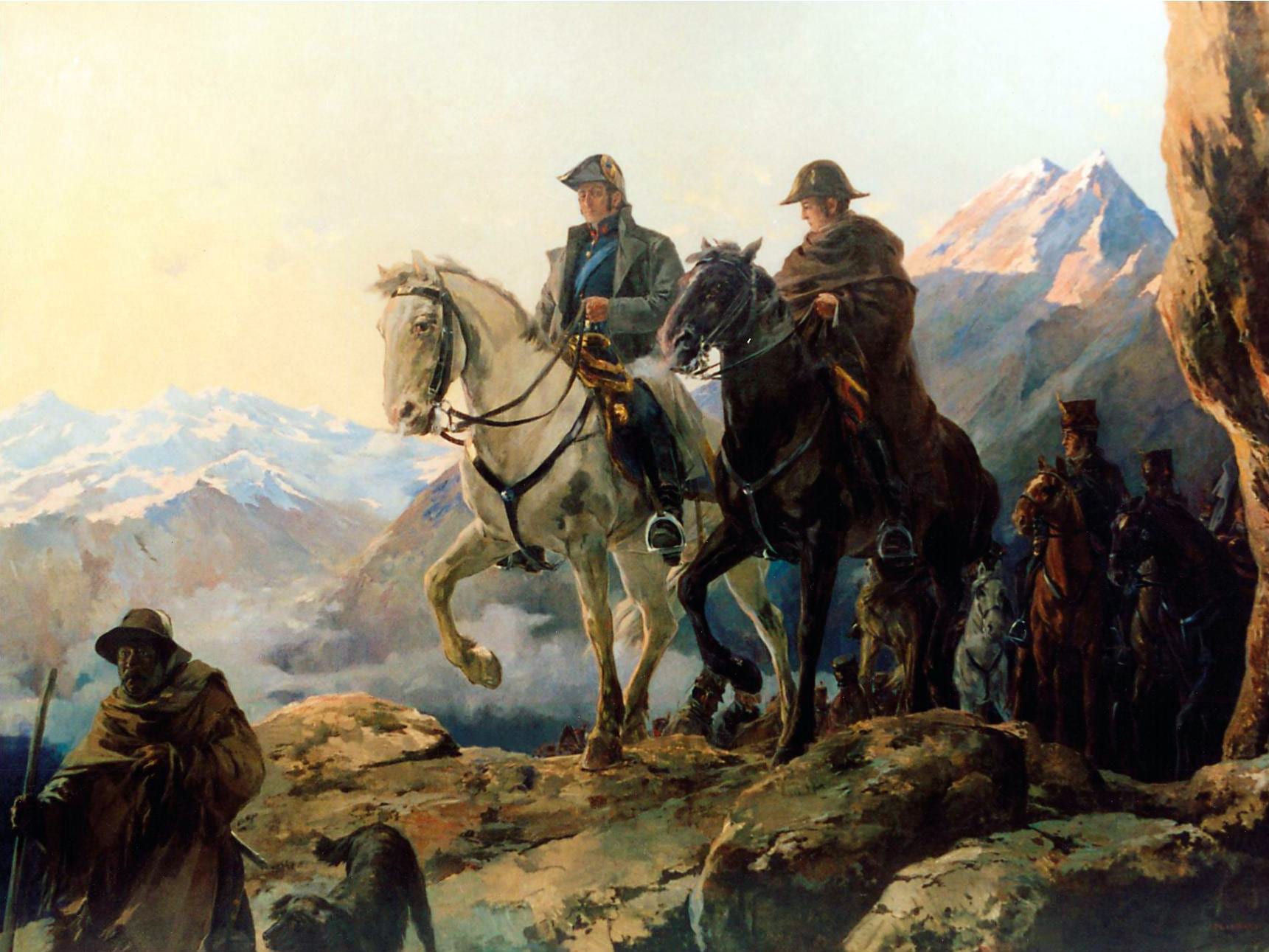 A romantic painting of a general on horseback leading soldiers and mules over a high mountain pass