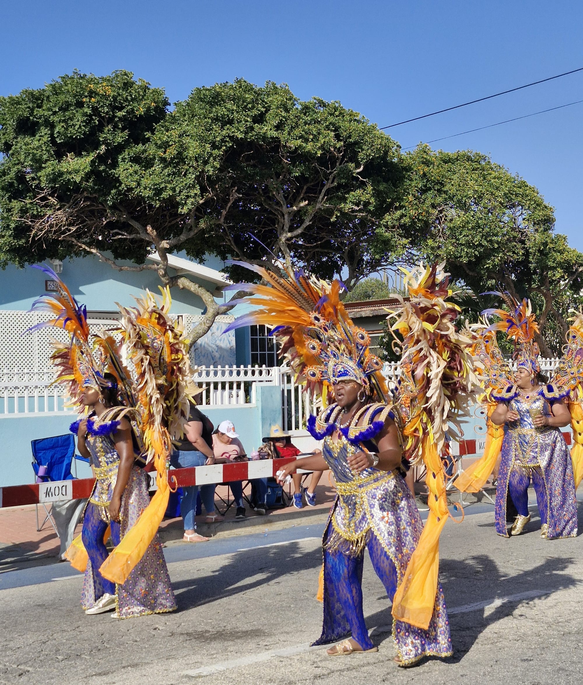 Women in shimmering purple and gold costumes with huge orange and gold feathered headdresses and back pieces walk down a sunlit street lined with spectators behind a barrier