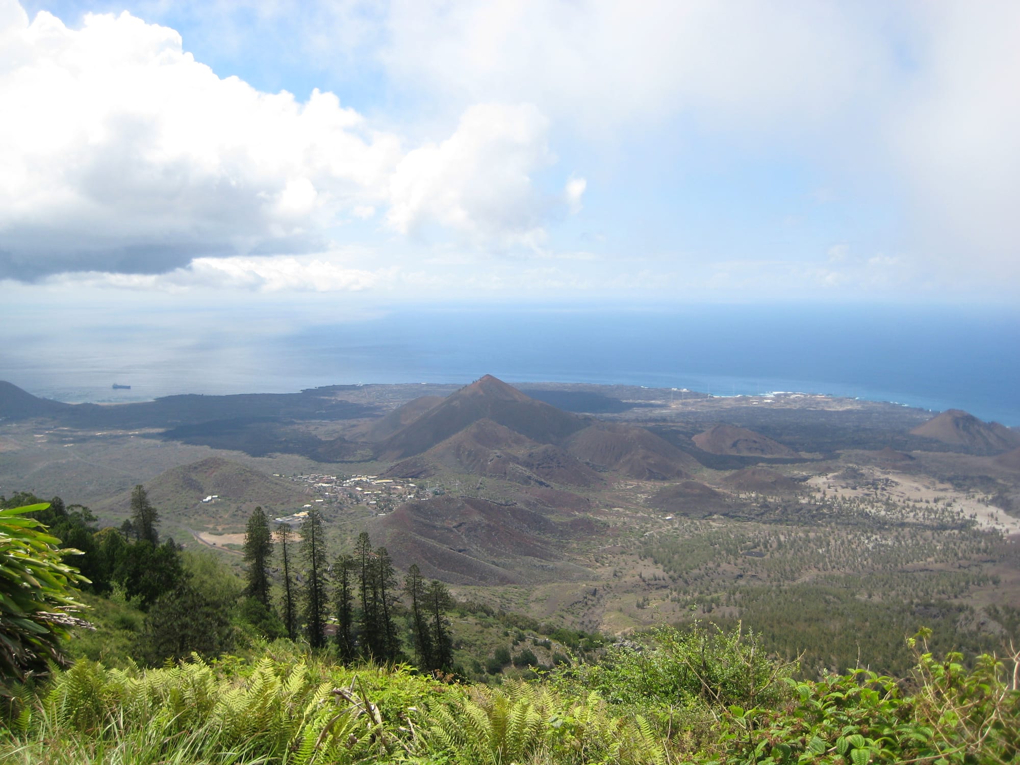 A trail cut into a steep green slope with a view over dry ridges to the sea