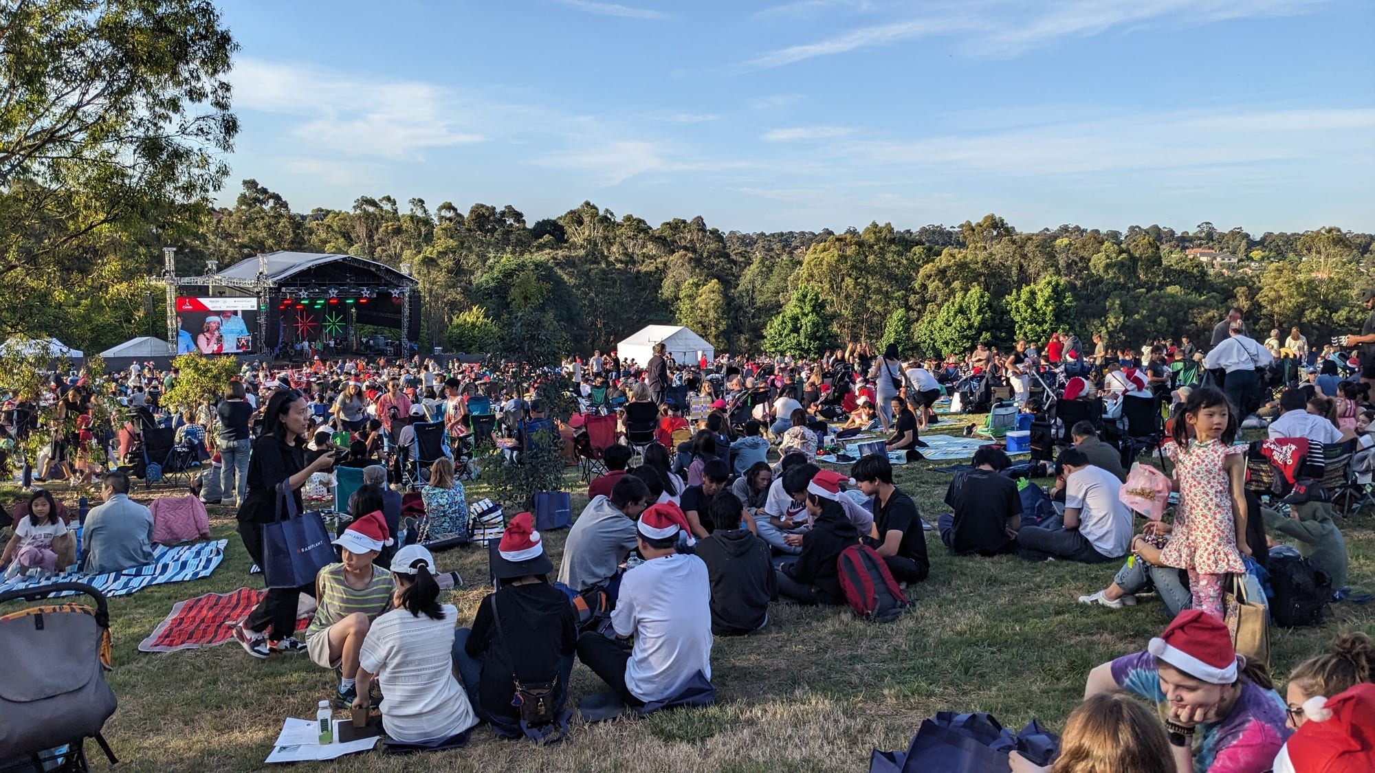 A large crowd, many wearing red Santa hats, sits on picnic rugs and folding chairs on a grassy slope facing an outdoor stage framed by gum trees under a clear evening sky