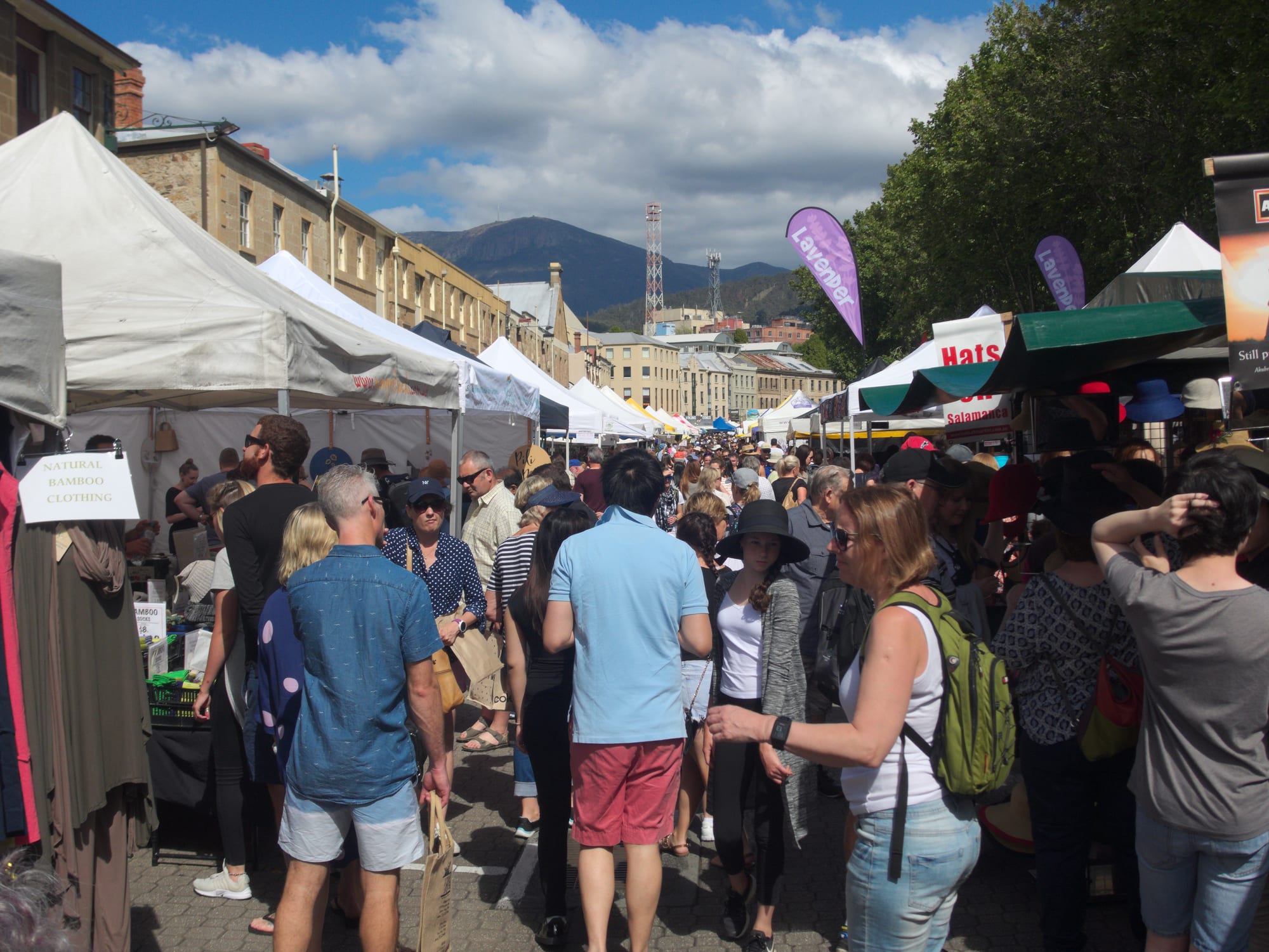 A crowded outdoor market street lined with stalls under white tents, with a mountain visible in the background