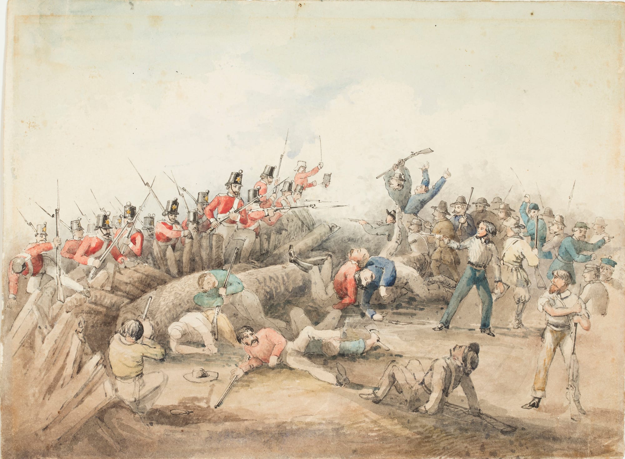 A 19th-century drawing of soldiers storming a rough timber barricade as diggers fight back with pikes