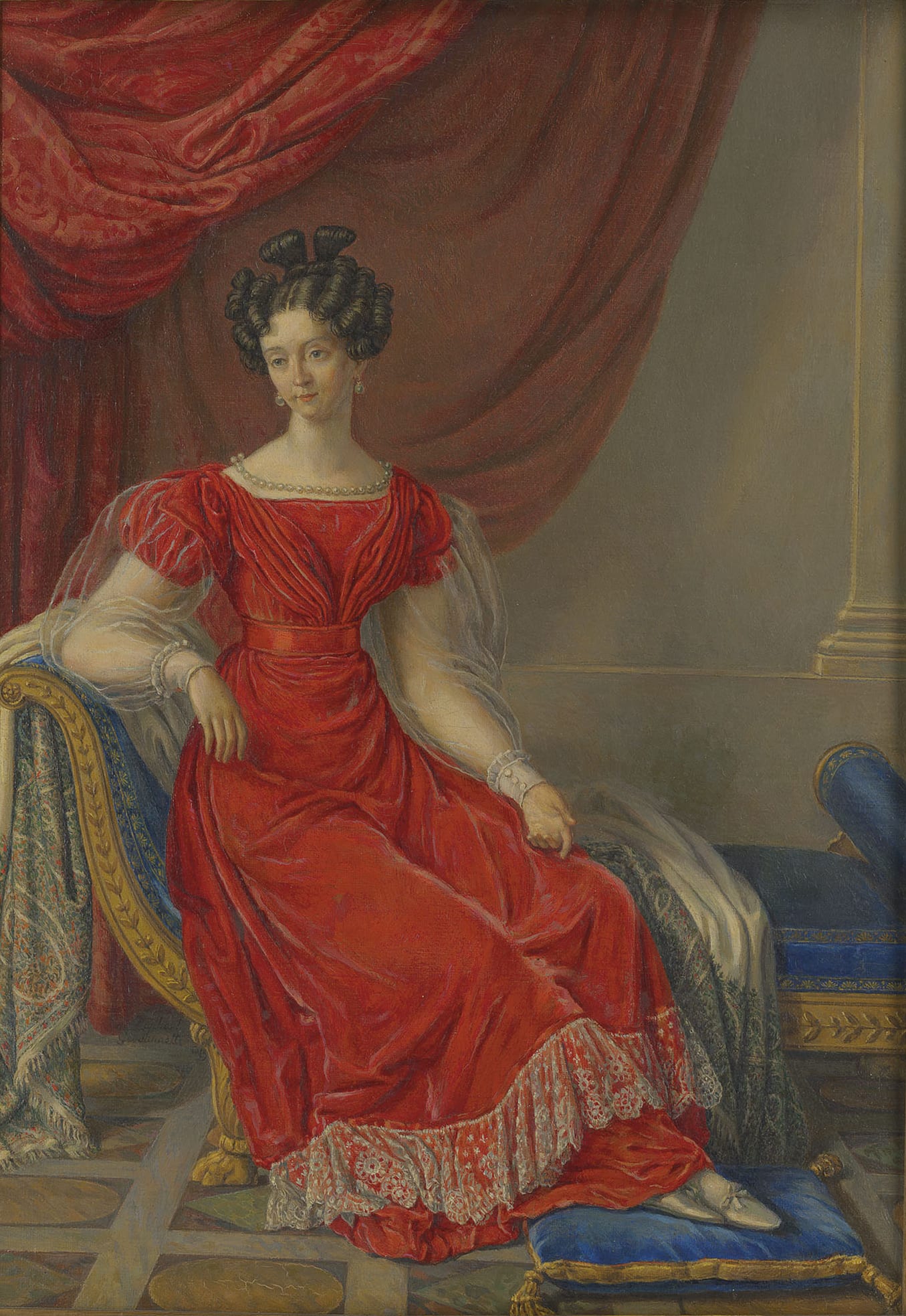 A formal 18th-century portrait of a woman in an elaborate gown and lace, wearing a crown