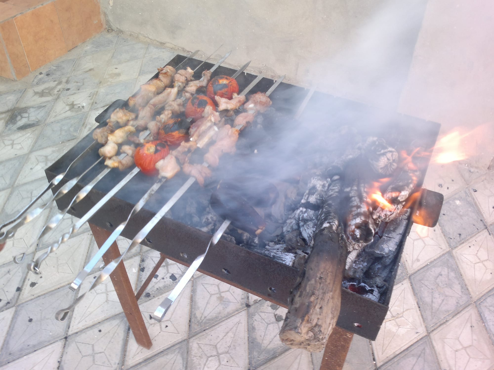 Skewers of lamb meat and whole tomatoes grilling over a smoking wood fire on a metal barbecue stand