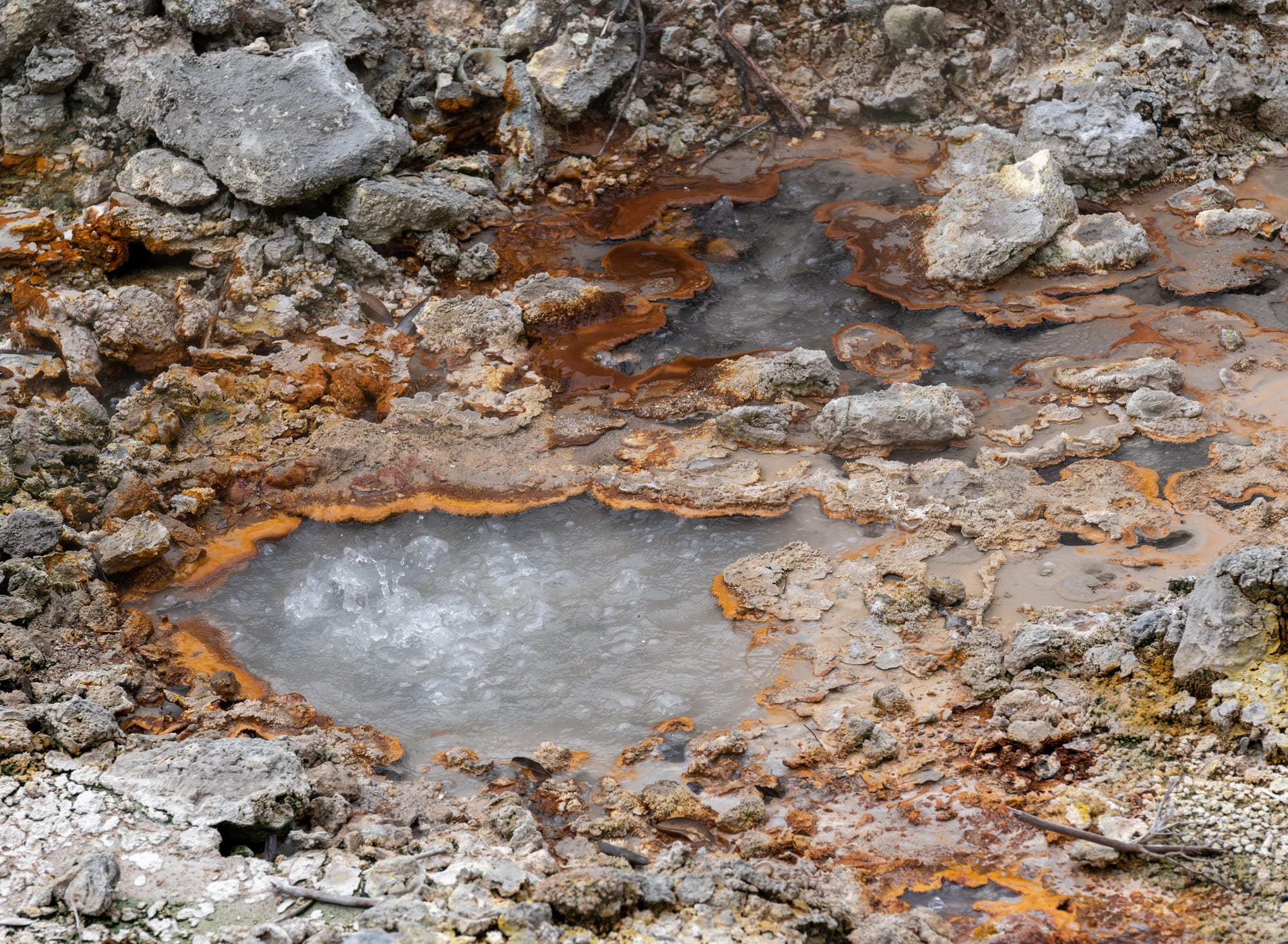 Steaming, bubbling grey mud pools fenced off beside a village road