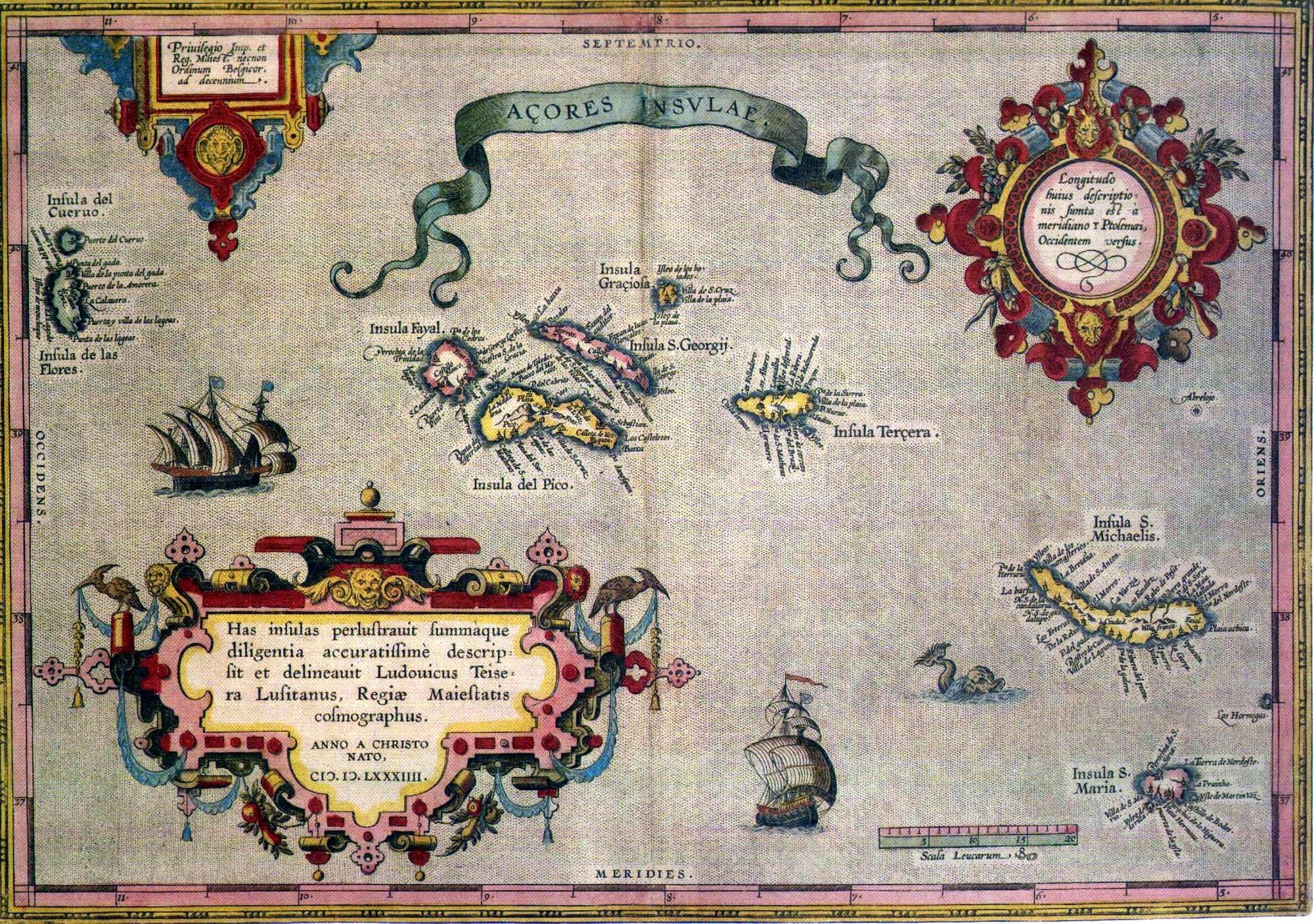 A hand-coloured 16th-century map of the nine Azorean islands scattered across the sea, with sailing ships, a sea monster and ornate Latin cartouches