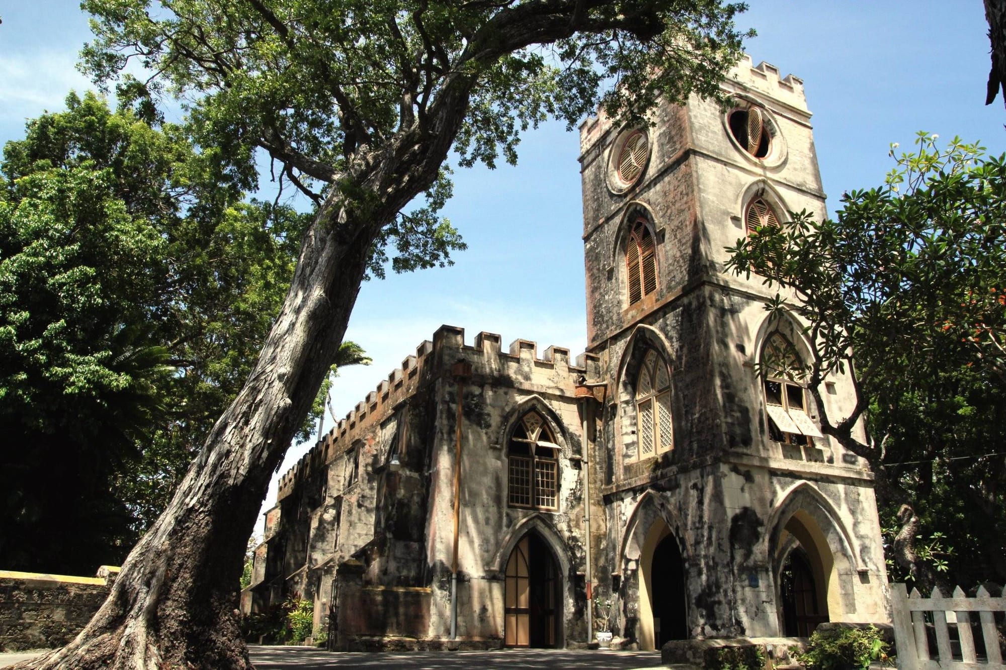 A weathered grey stone church with a crenellated square tower, pointed Gothic windows and arched doorways, framed by a large leaning tree under a blue sky