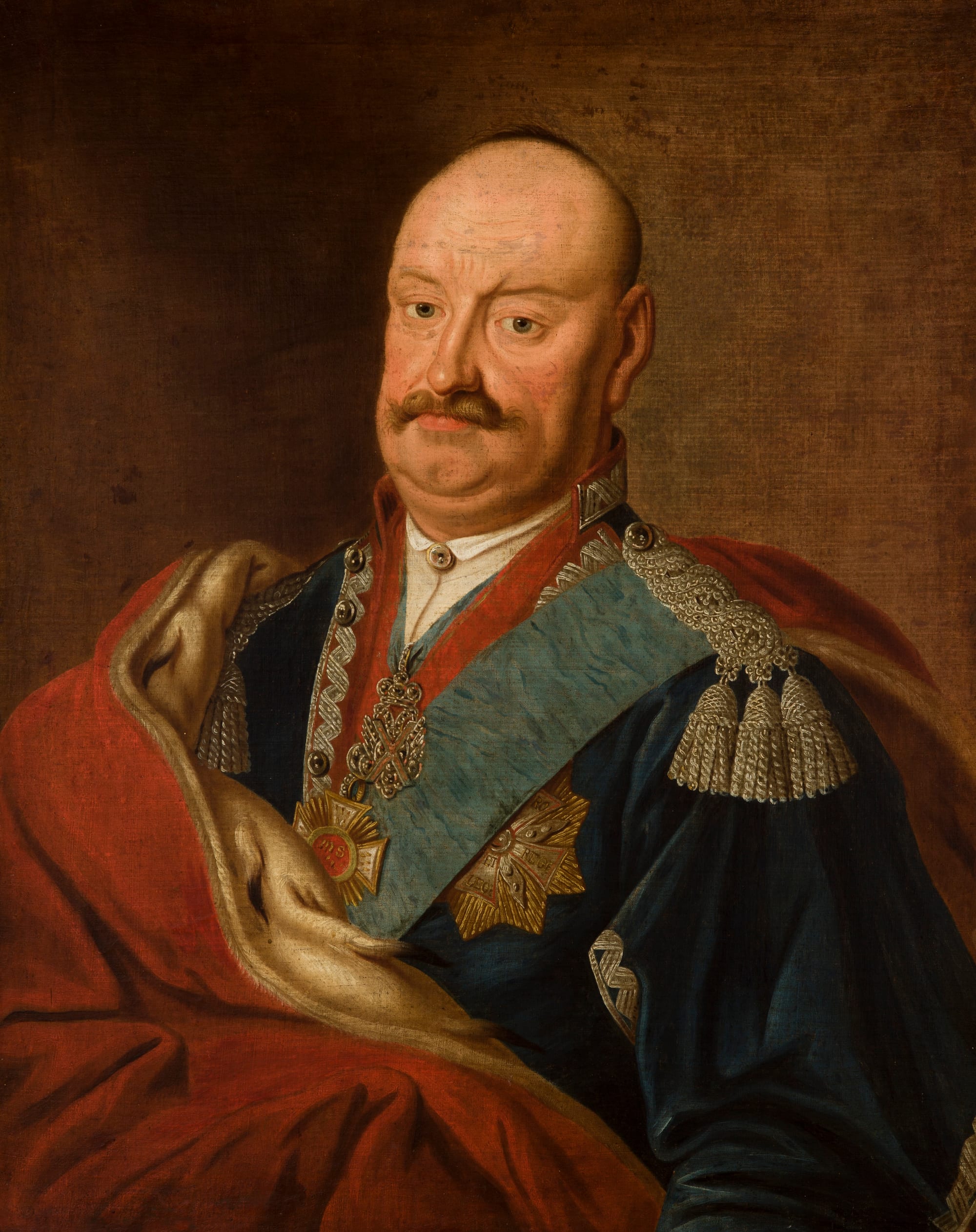 An 18th-century oil portrait of a stout, moustached nobleman with a shaved head, wearing a dark blue robe, a pale blue sash, two star orders and a fur-lined red cloak