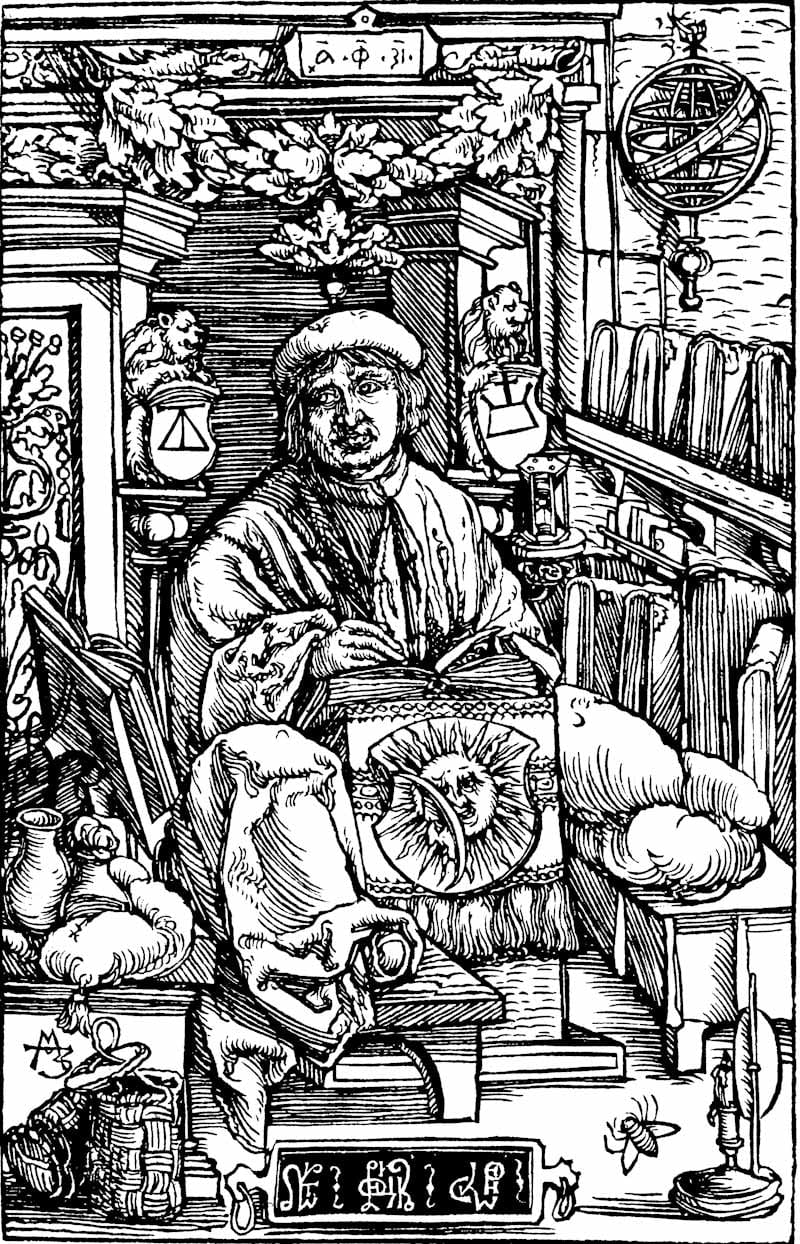 A 16th-century engraved portrait of a bearded scholar at a desk with books and instruments