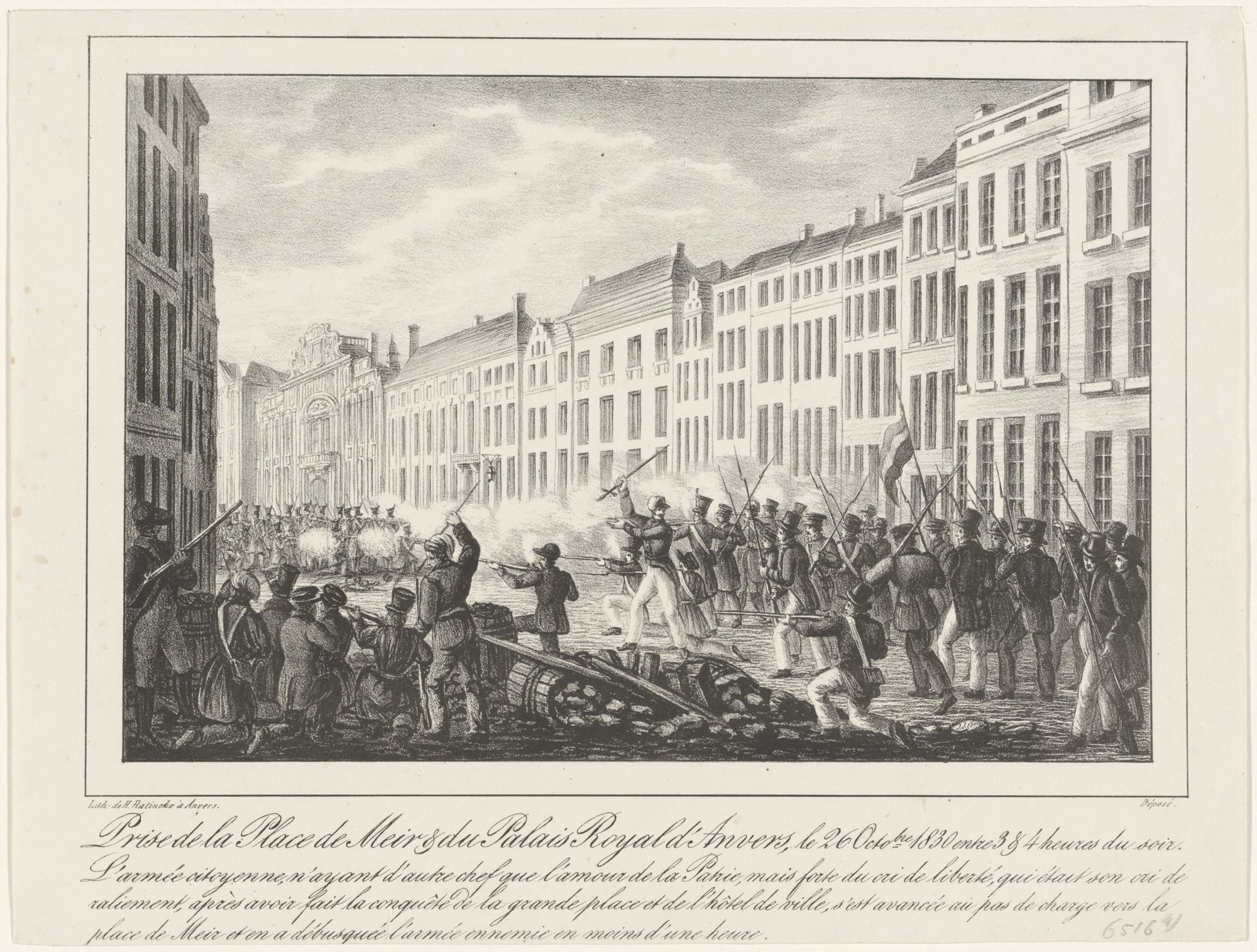 A lithograph of 1830 street fighting: civilians and troops with muskets amid smoke on a city avenue