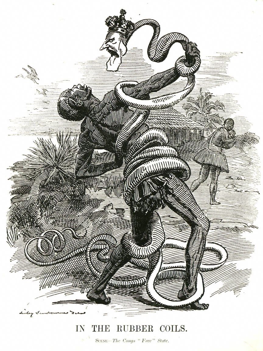 A 1906 Punch cartoon of a snake with King Leopold's head coiled around a struggling African figure