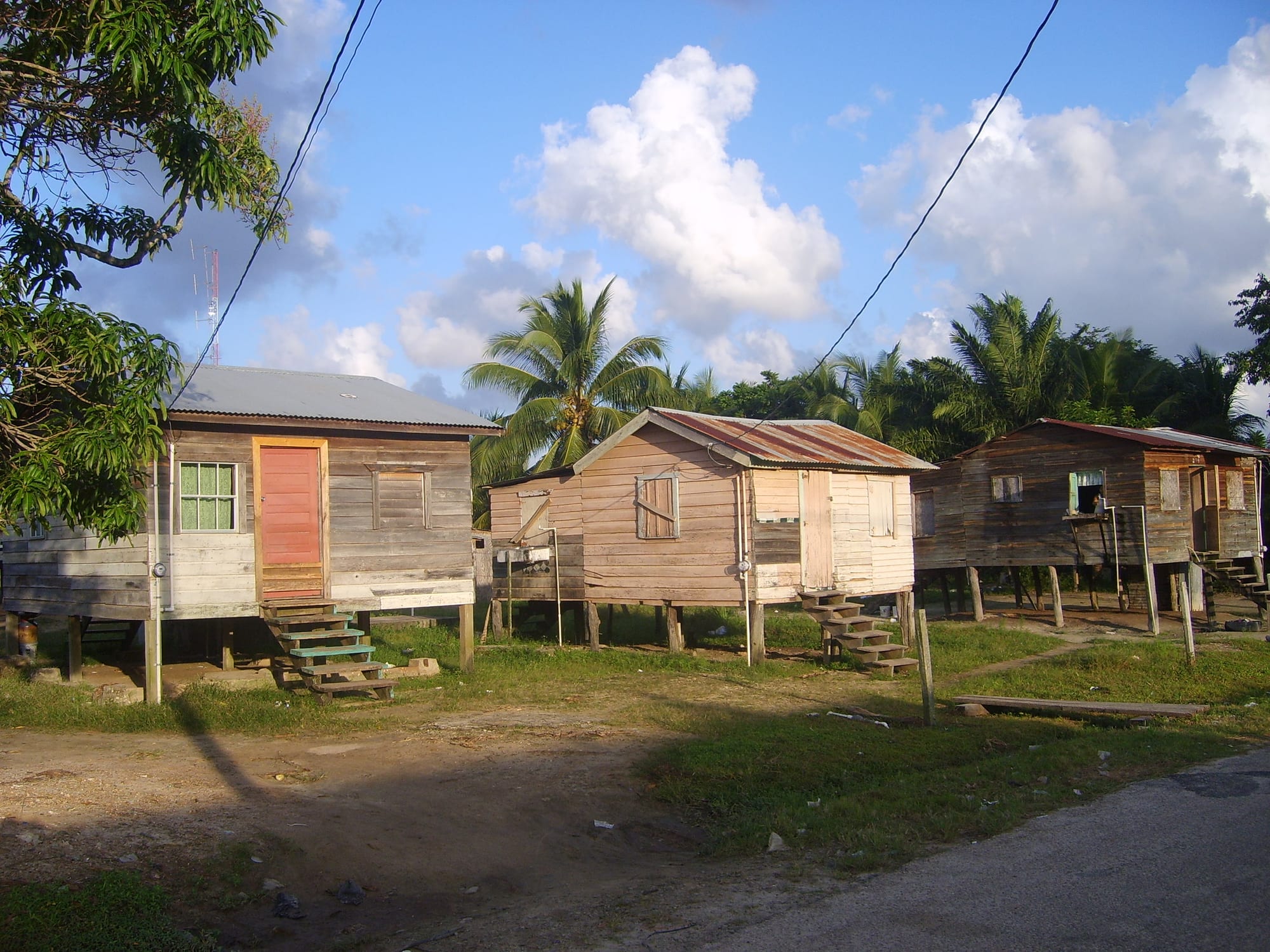 Wooden houses raised on stilts along a dirt road in a Belizean village, with palm trees behind them