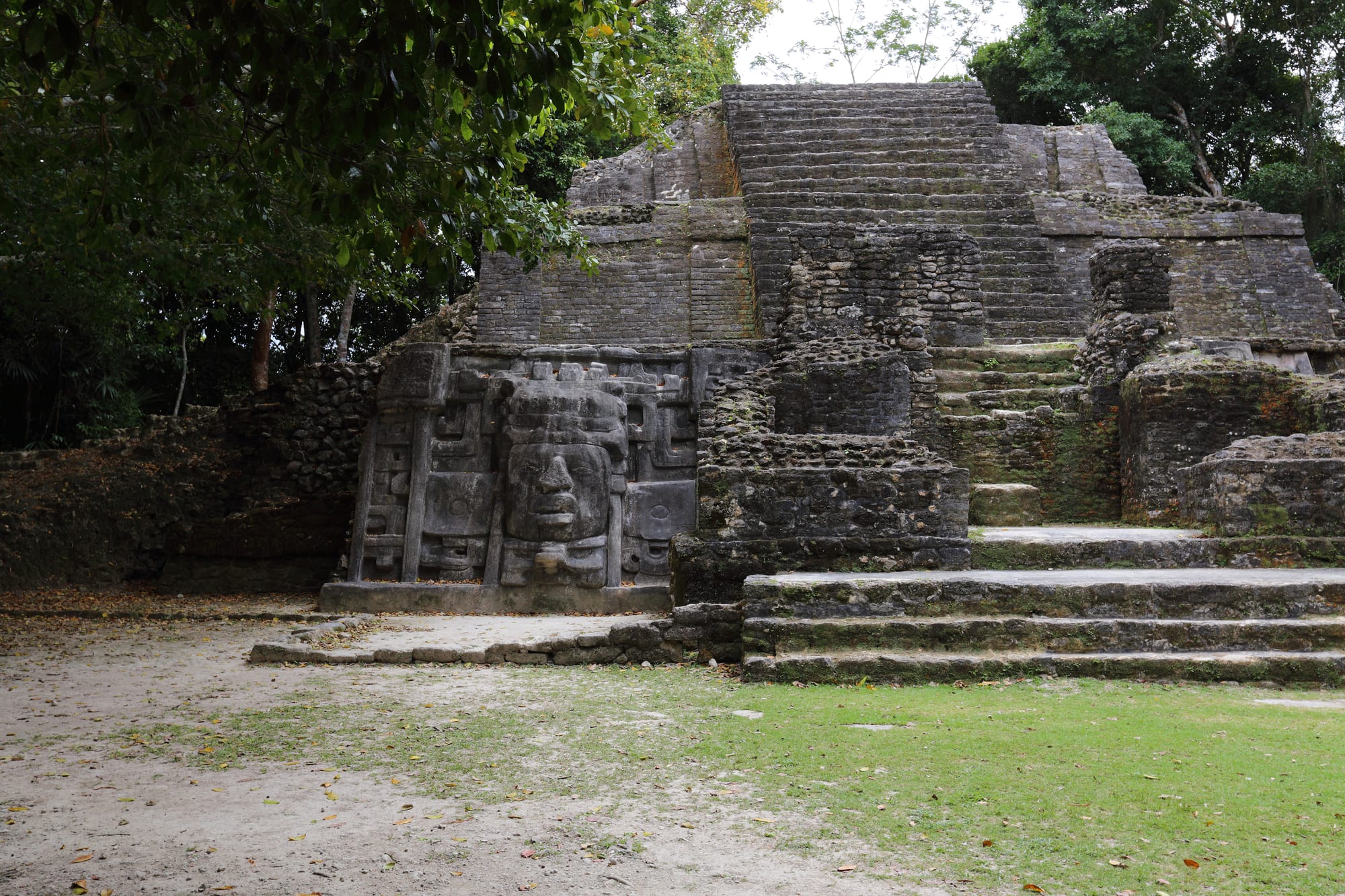 A stone temple with a large carved stone mask of a face on its side, in dense jungle