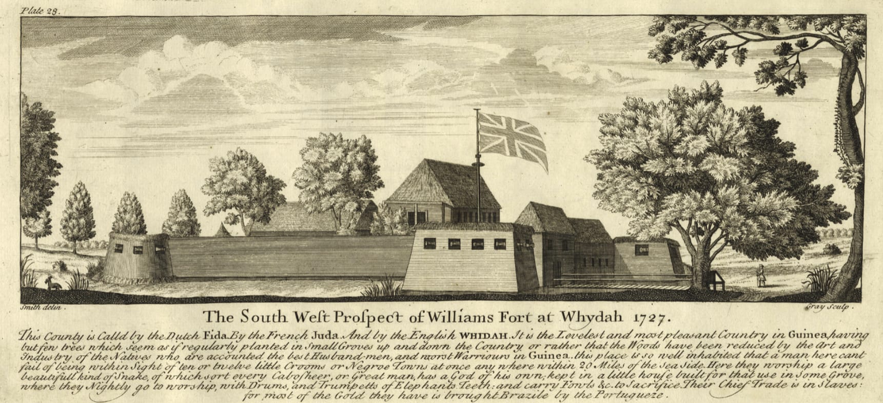 An 18th-century engraving of a low walled fort with corner bastions and a British flag, set among tall trees