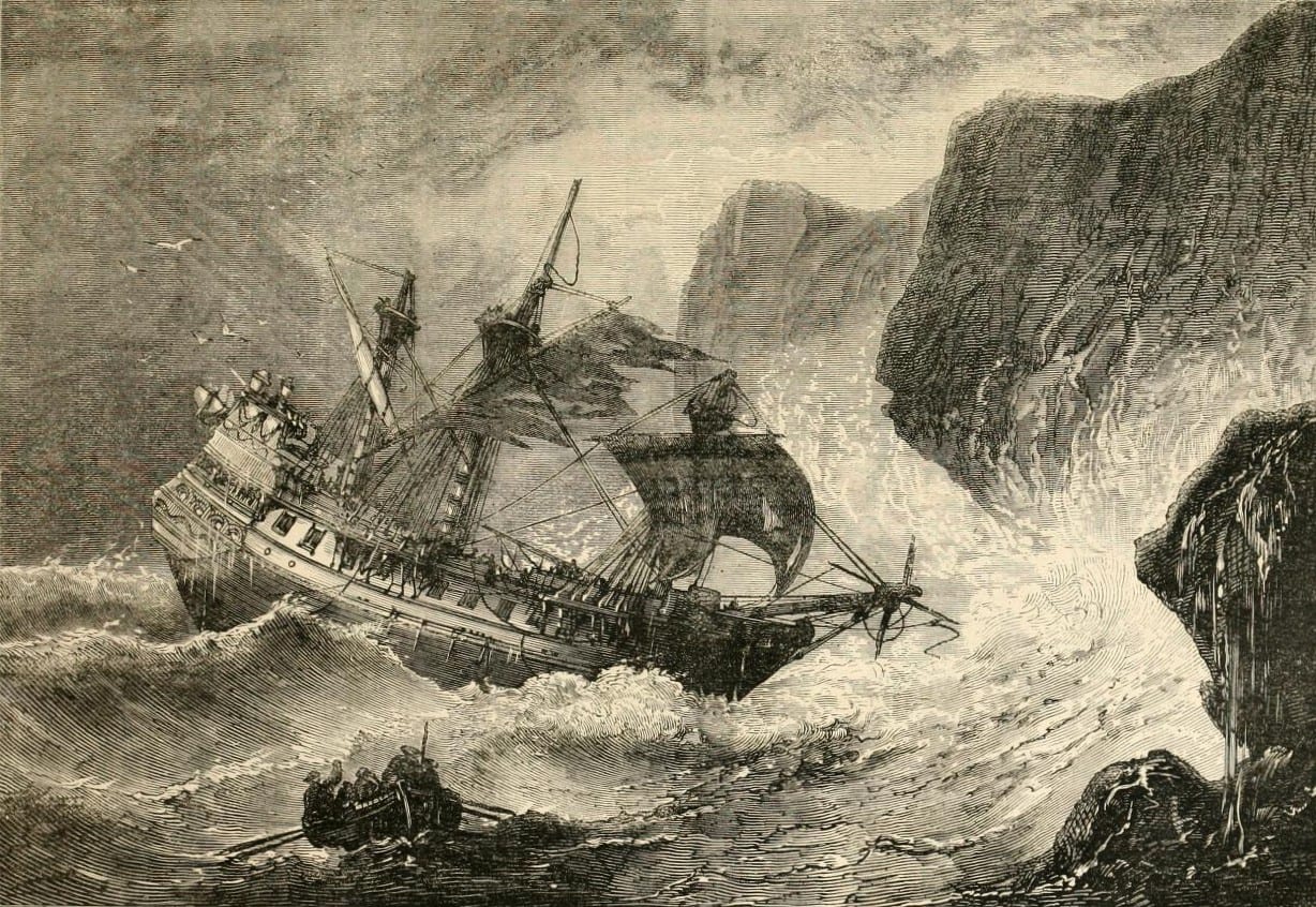 An engraving of a listing sailing ship driven onto rocks near a wooded shore, with boats putting off