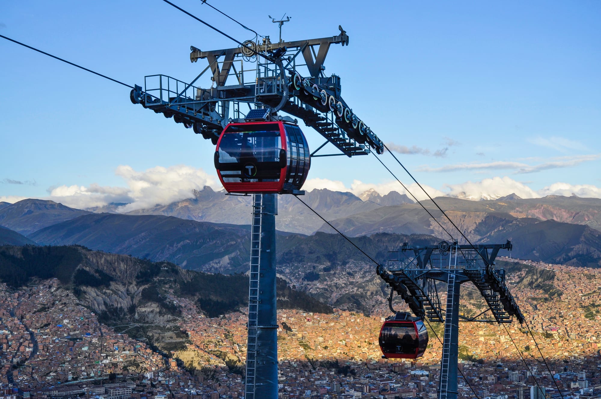 Red cable car gondolas of Mi Teleférico suspended above La Paz with snow-capped Andean peaks and the sprawling city below