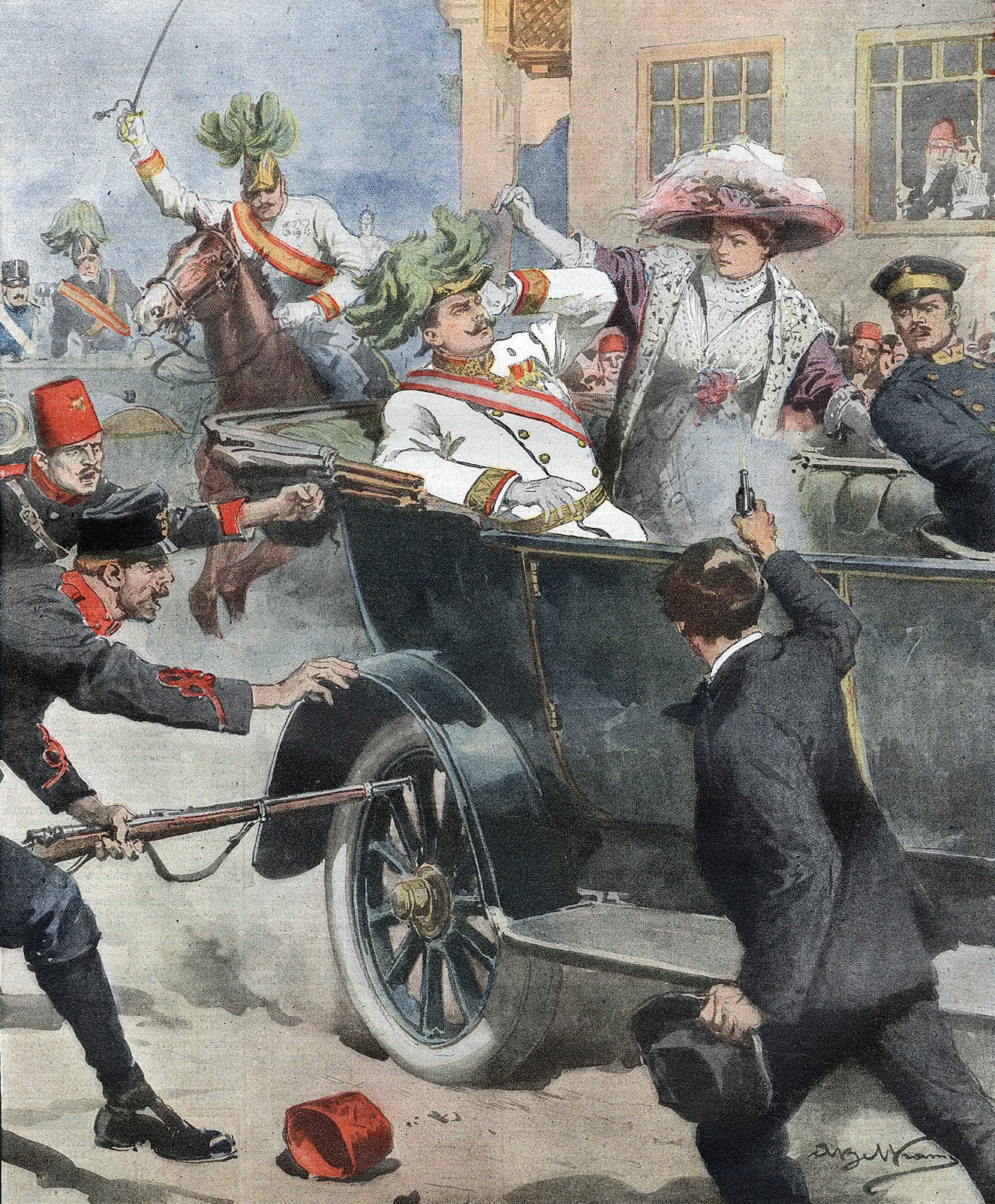 A dramatic colour illustration of a man firing a pistol at a couple in an open car as bystanders recoil