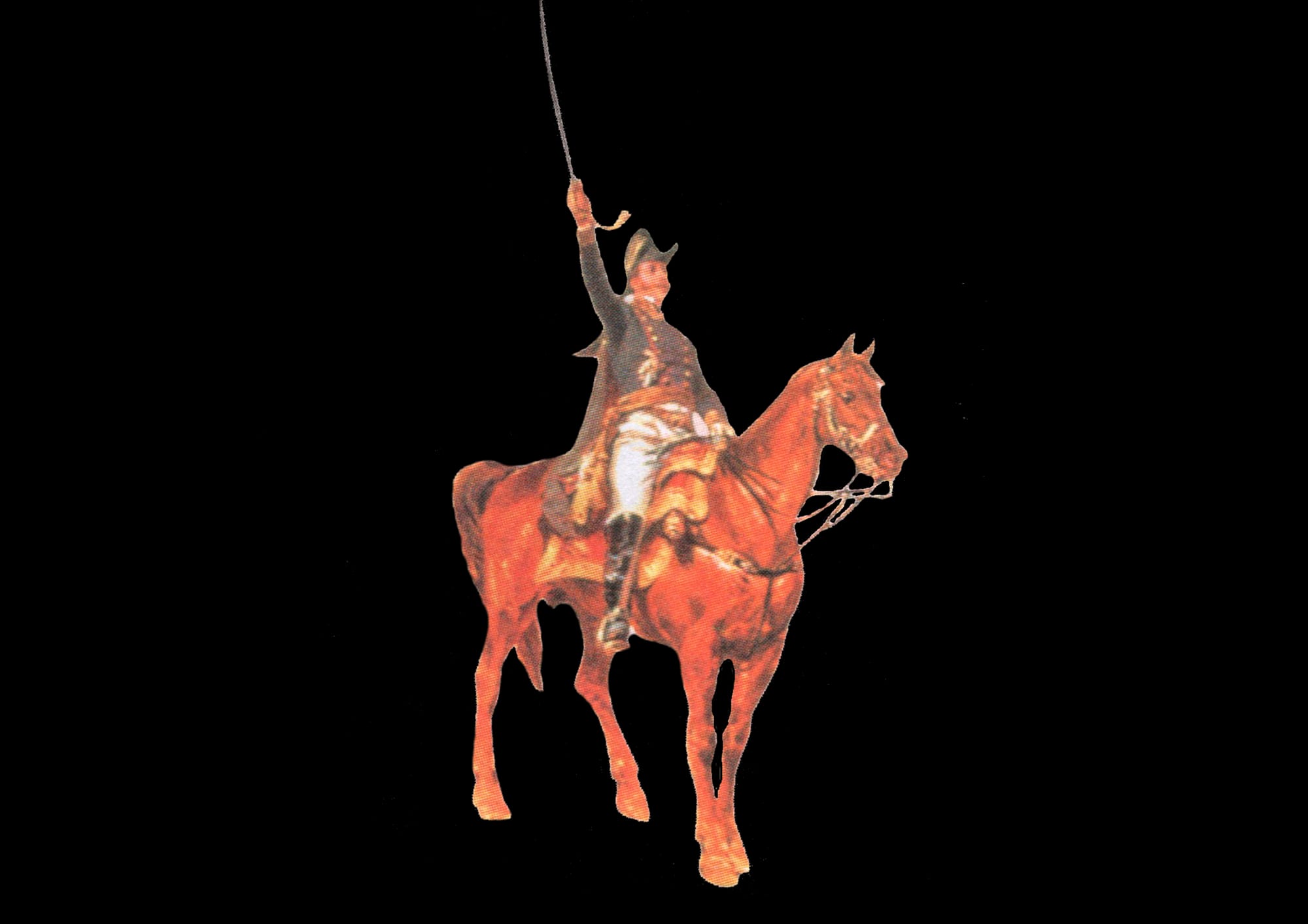 A heroic painting of an emperor on a rearing horse raising his sword, with cavalry behind him