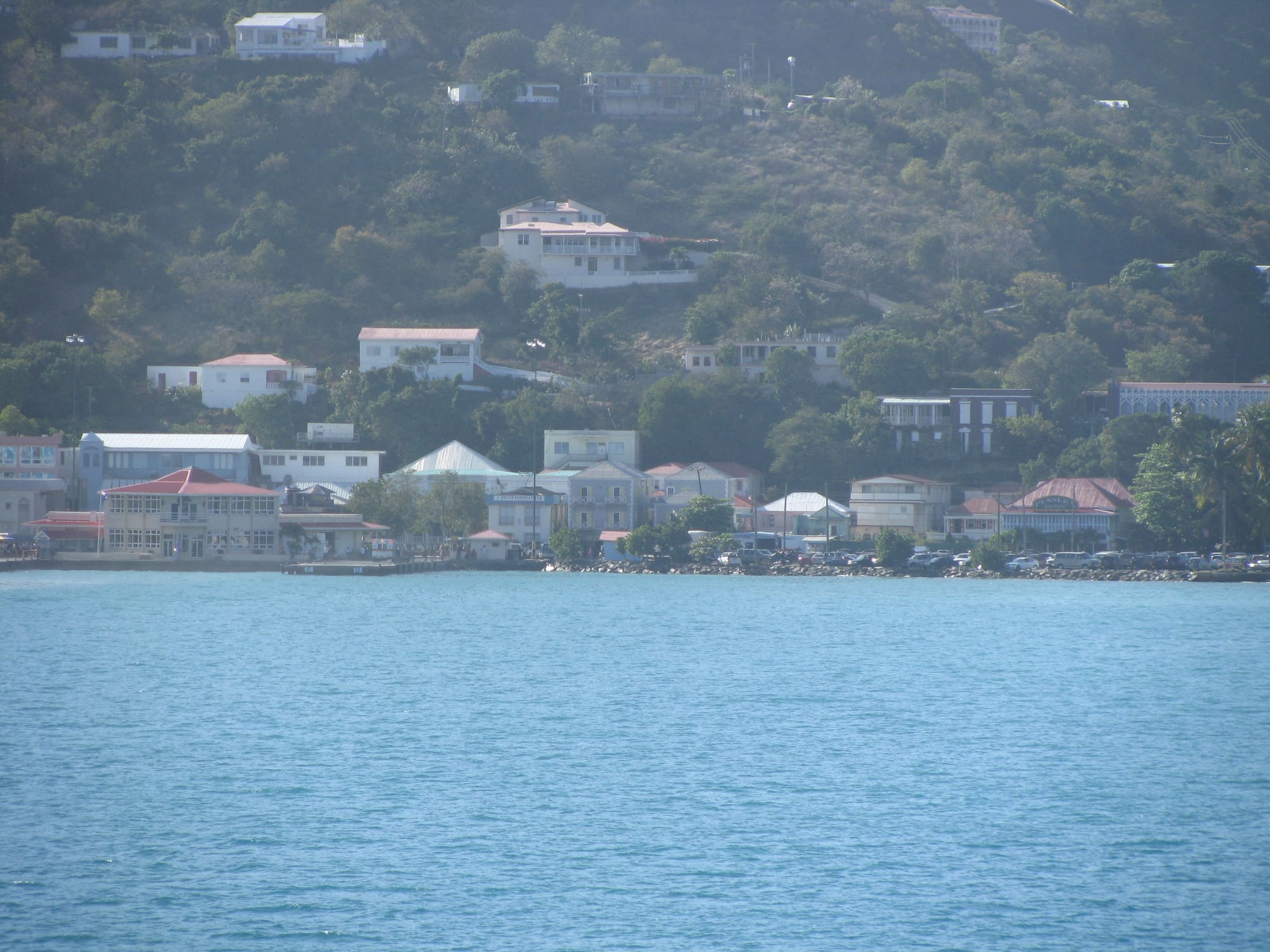 A view from the water of Road Town's waterfront buildings with houses climbing the green hillside behind