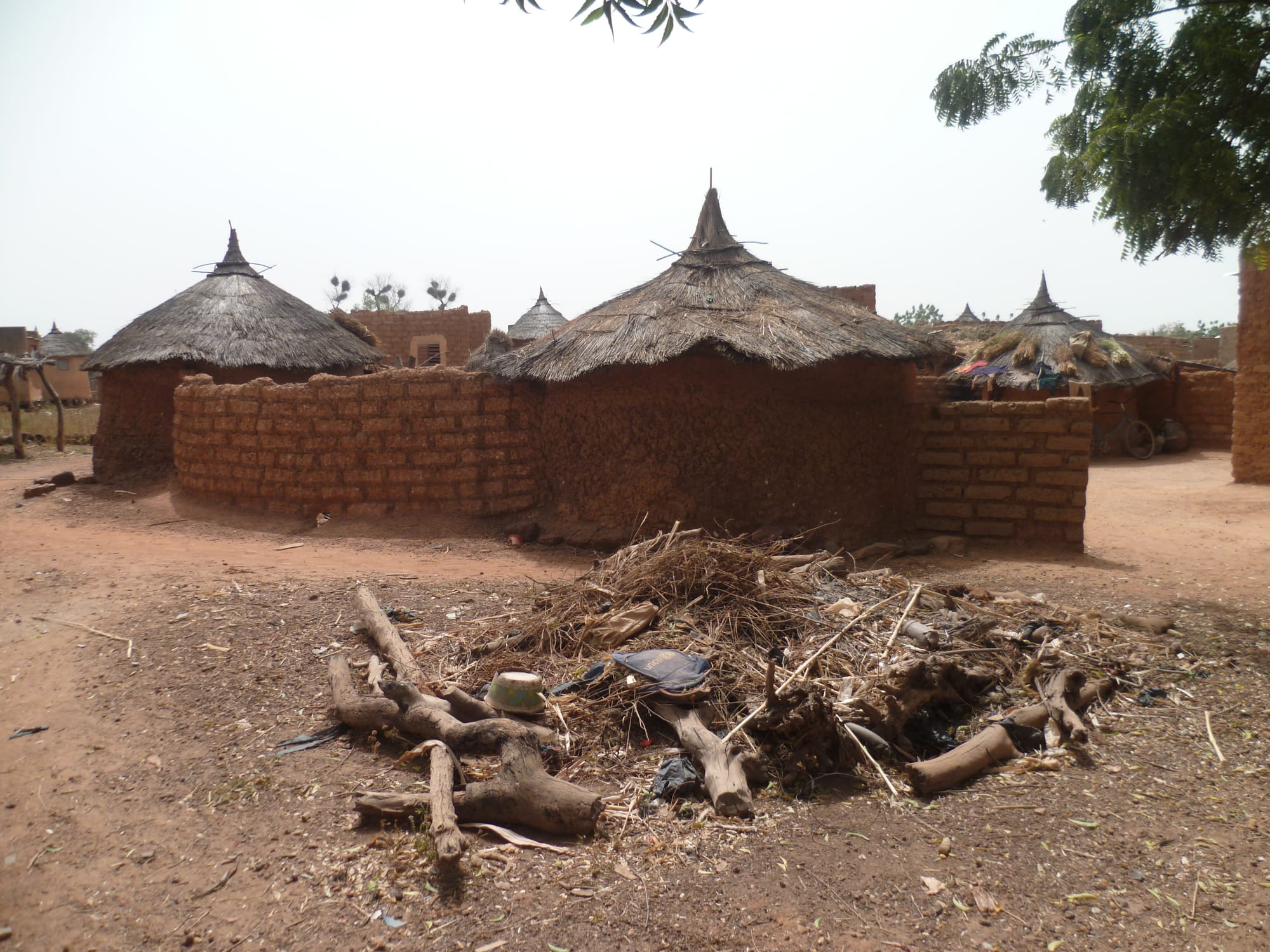 A walled family compound of round, thatched-roof mud-brick huts in a Burkinabè village