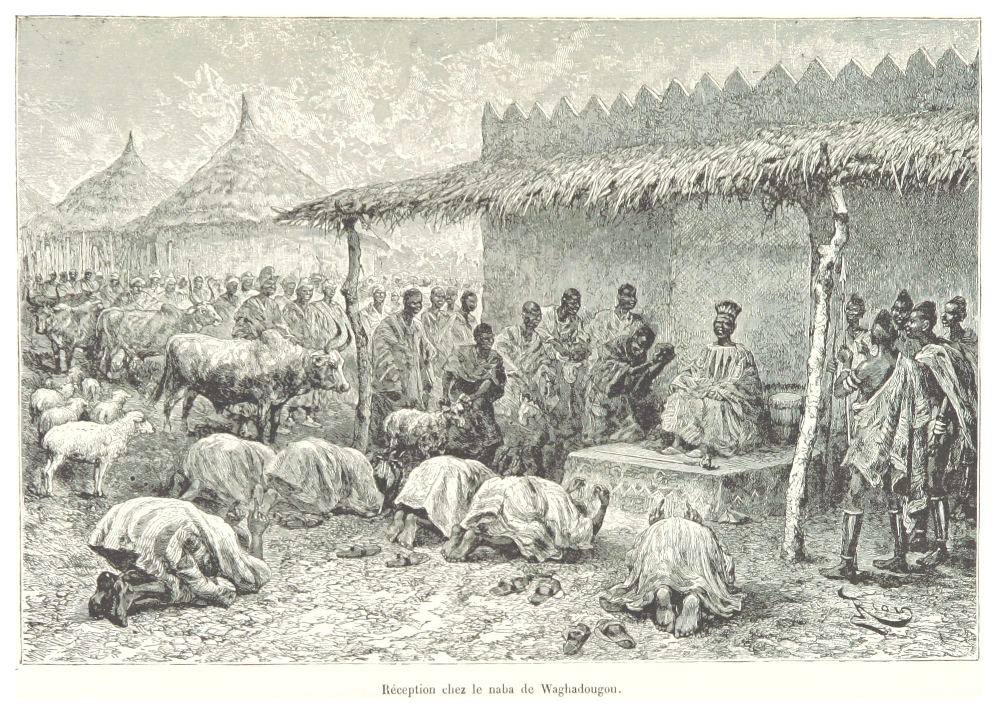 A 19th-century engraving of a ruler seated on a dais under a thatched porch while robed courtiers bow low before him, with cattle and sheep brought as gifts