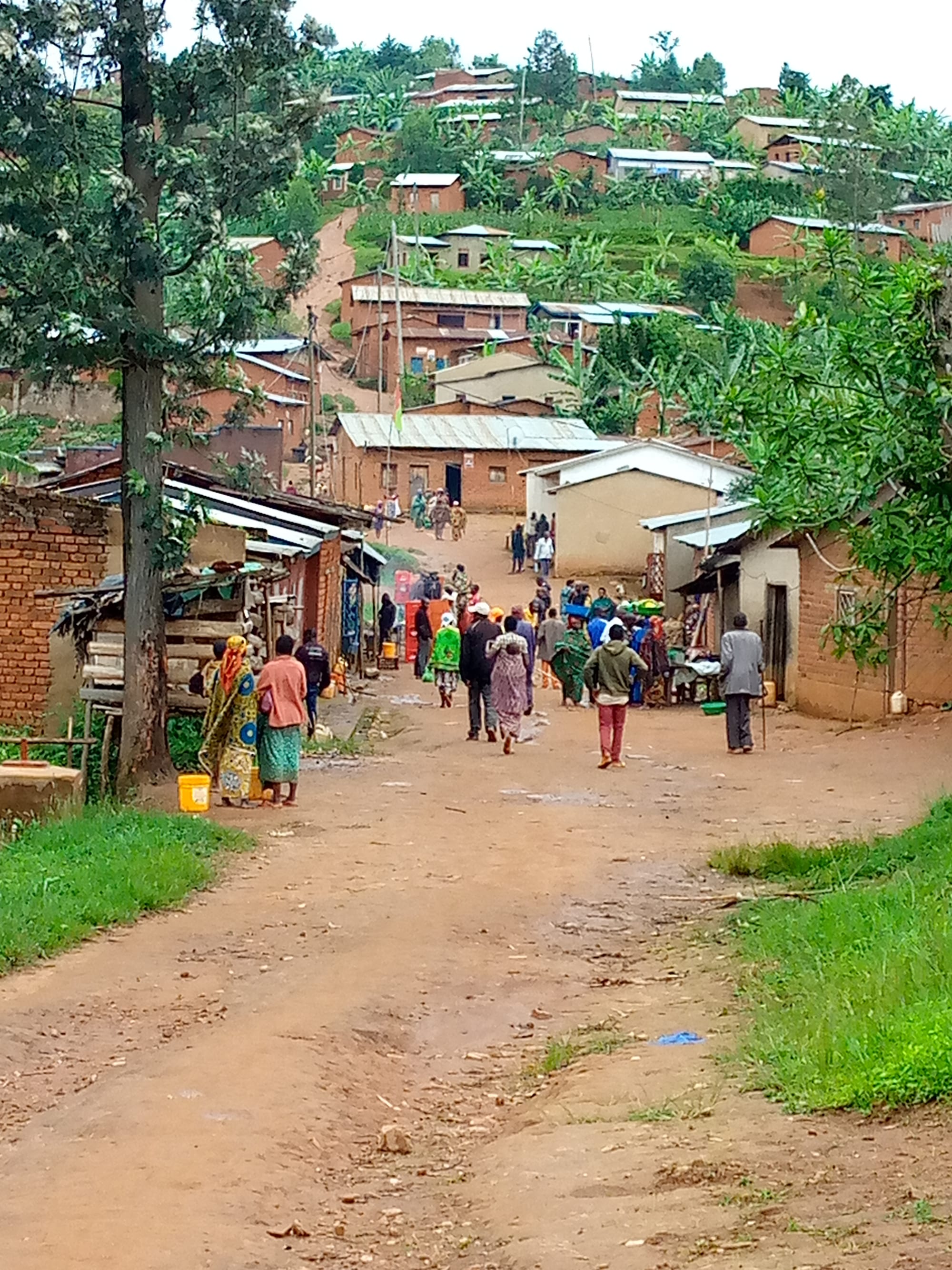 Brick houses with tin roofs scattered up a green hillside, with people walking along a dirt road between them