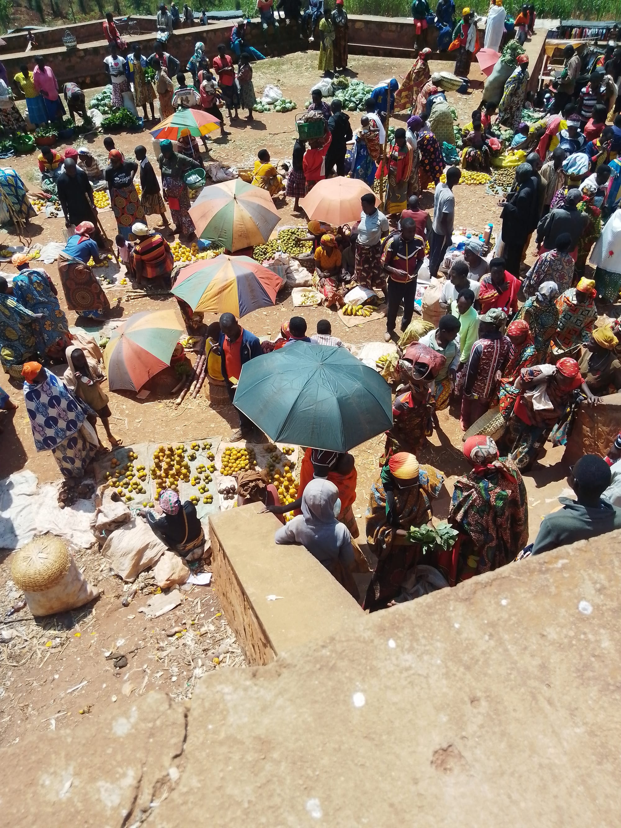 An aerial view of a crowded open-air market with colourful umbrellas, sellers, and produce laid out on the ground