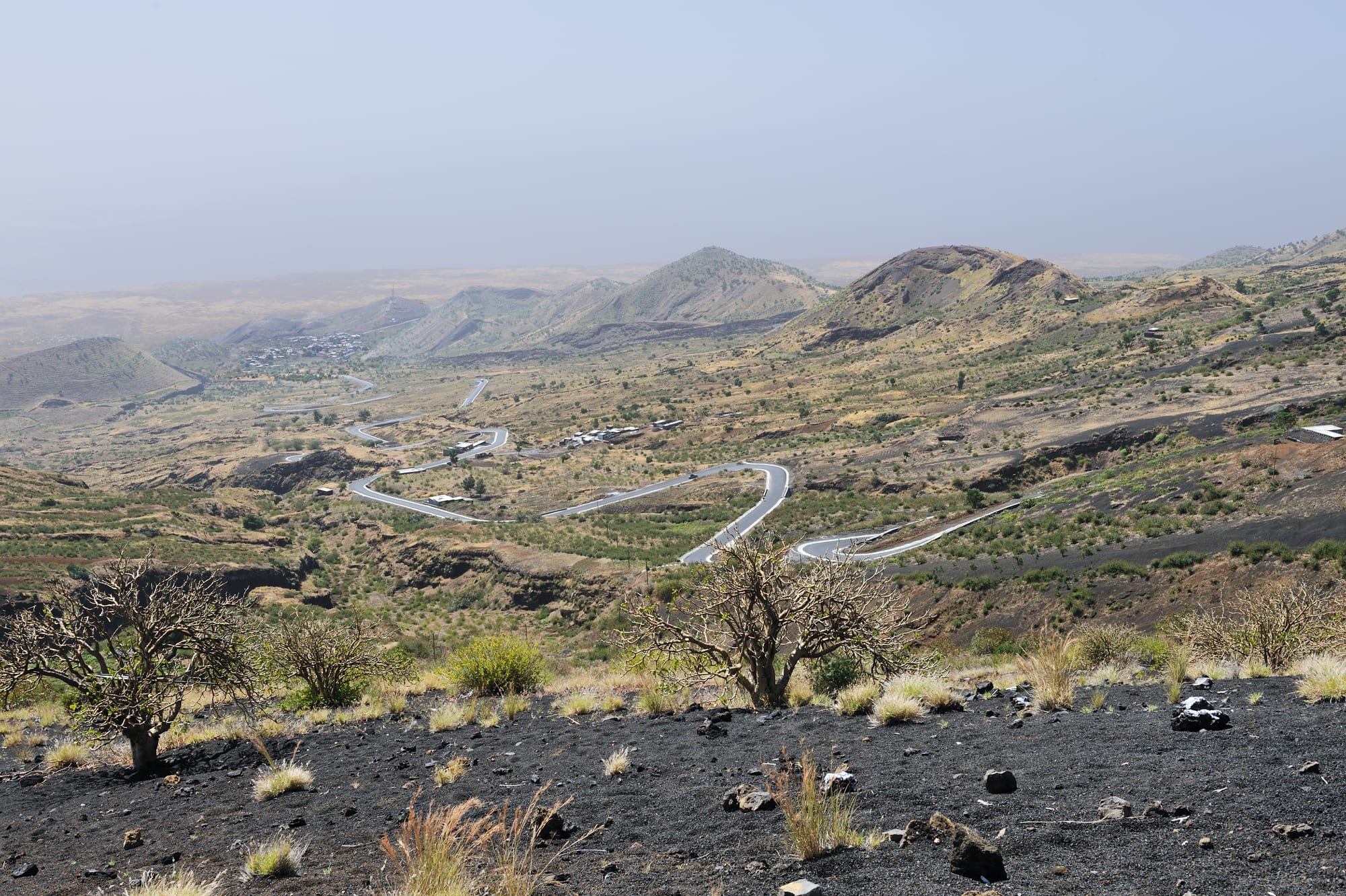 A road crossing black lava fields toward a volcanic cone, vineyards in the foreground