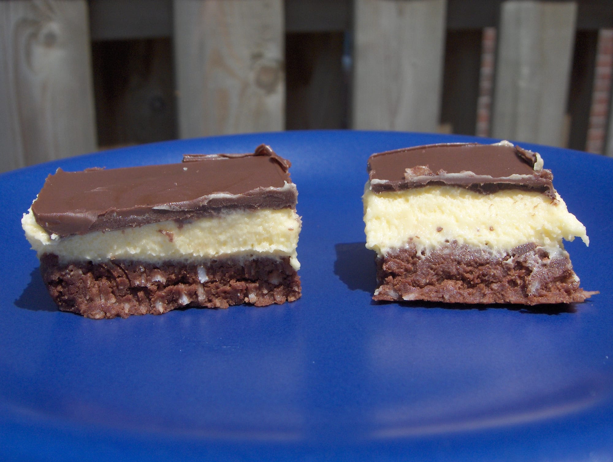 Two square dessert bars with a chocolate top layer