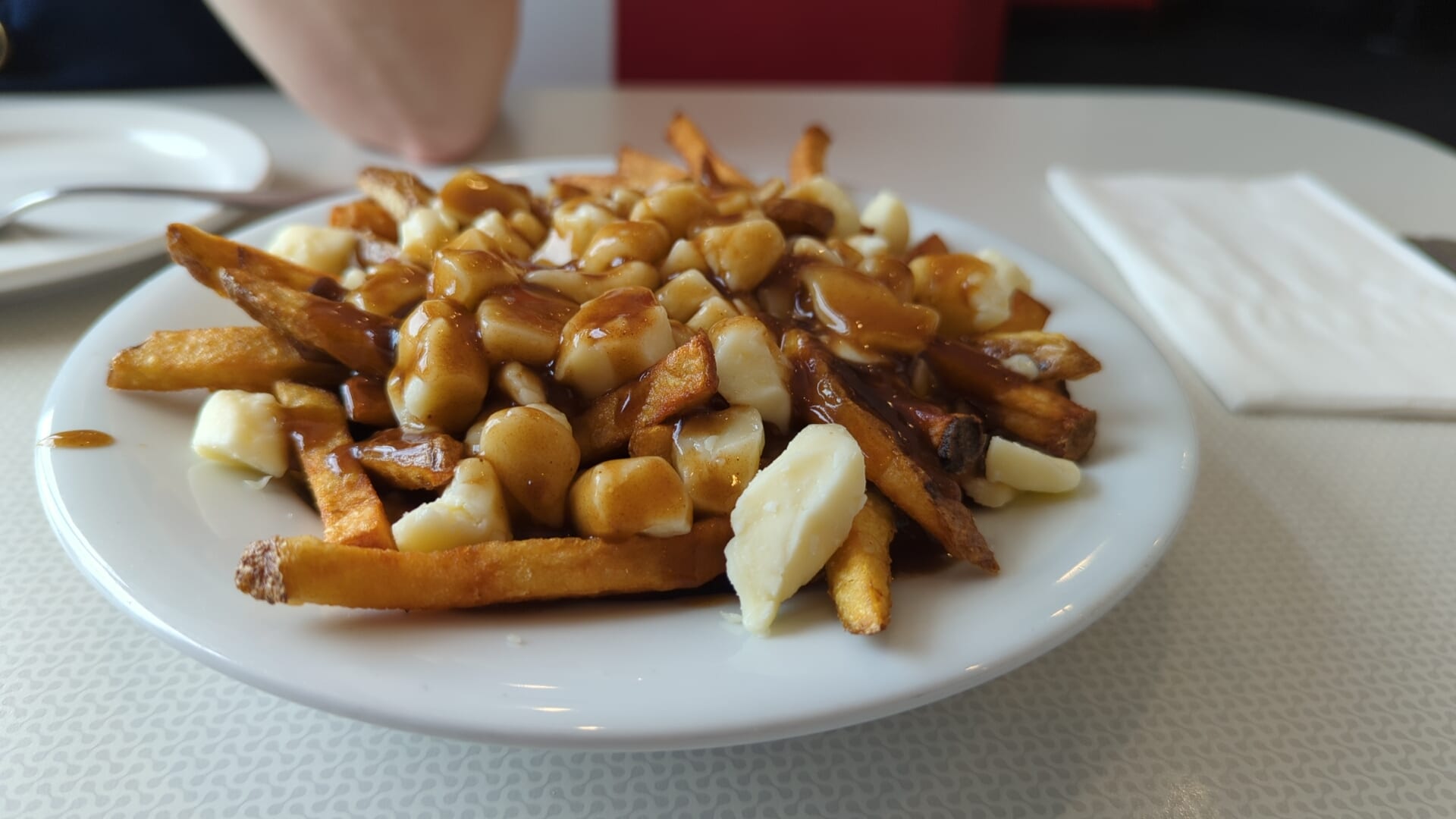 A container of fries topped with cheese curds and brown gravy