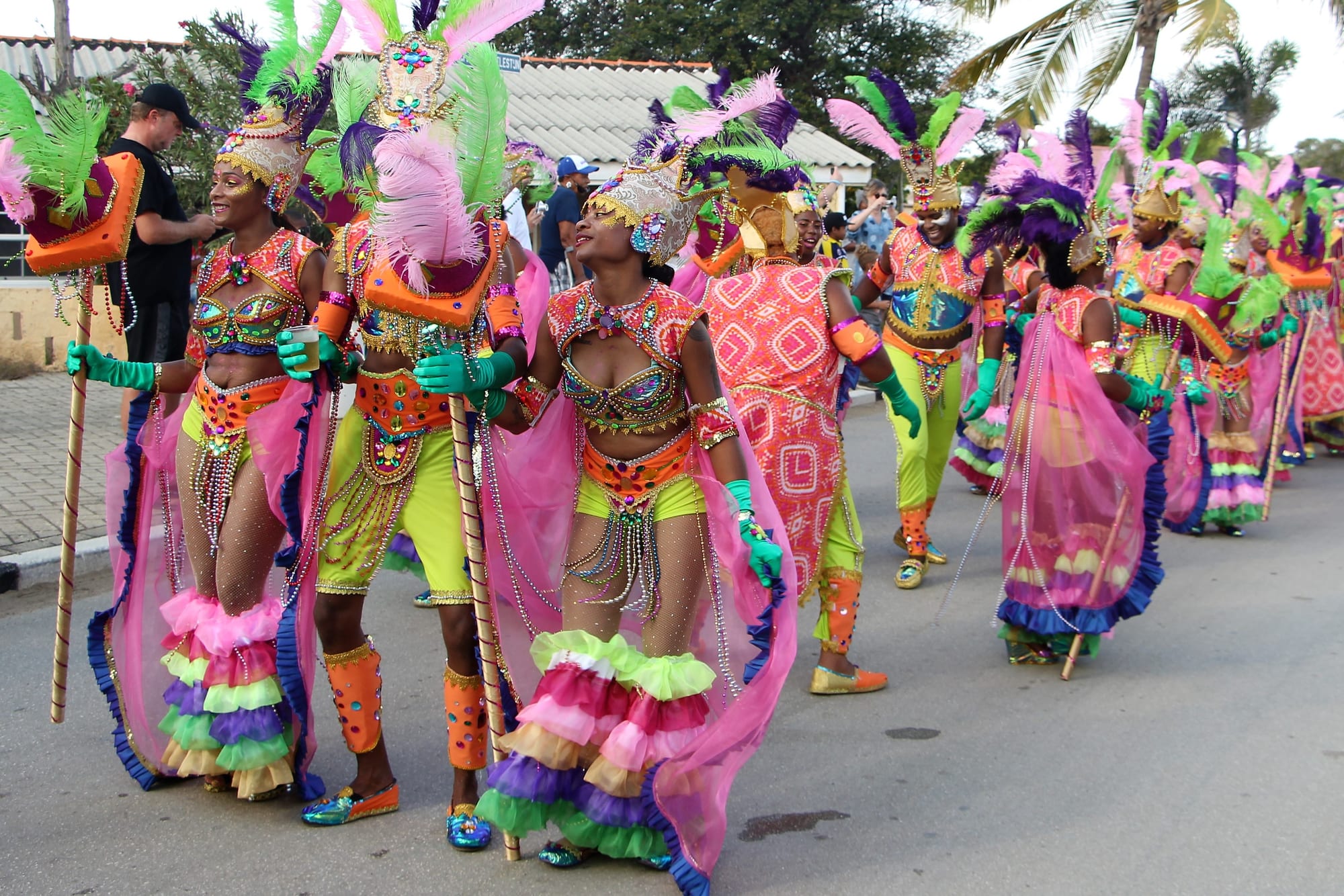 A line of carnival dancers in towering pink, purple and green feathered headdresses and beaded costumes with ruffled leg frills, walking along a street past spectators