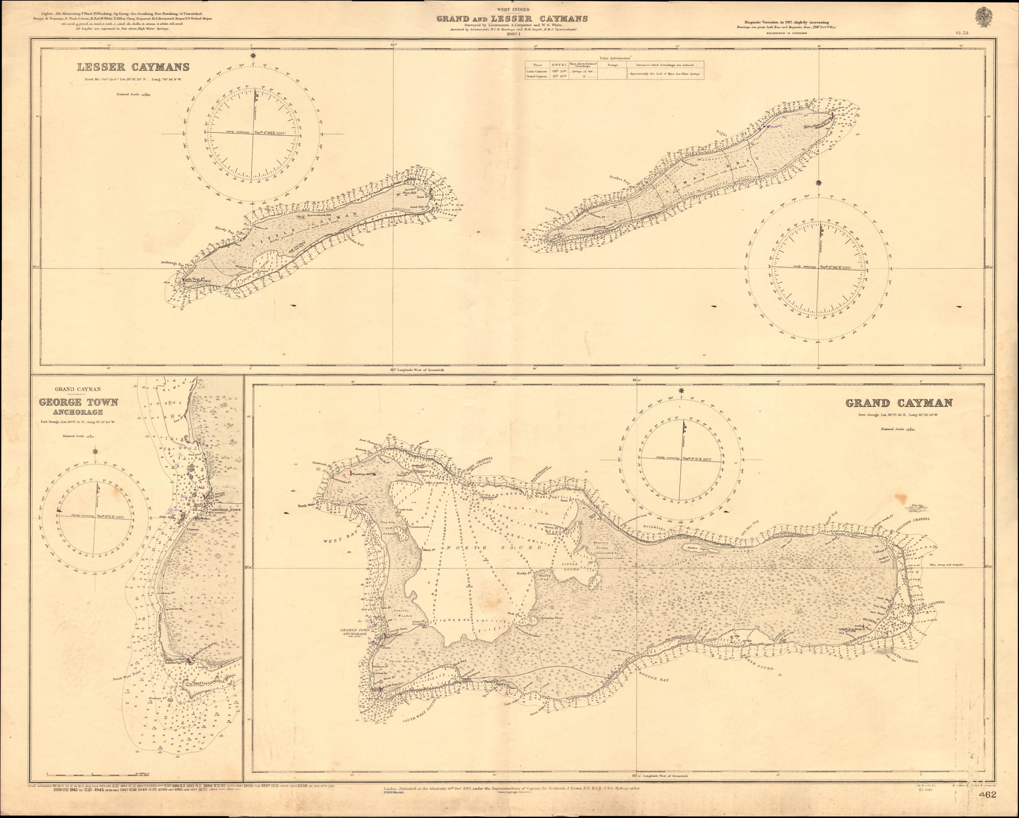 A sepia nautical chart with three panels showing the two Lesser Caymans, Grand Cayman and the George Town anchorage, ringed with depth soundings and compass roses