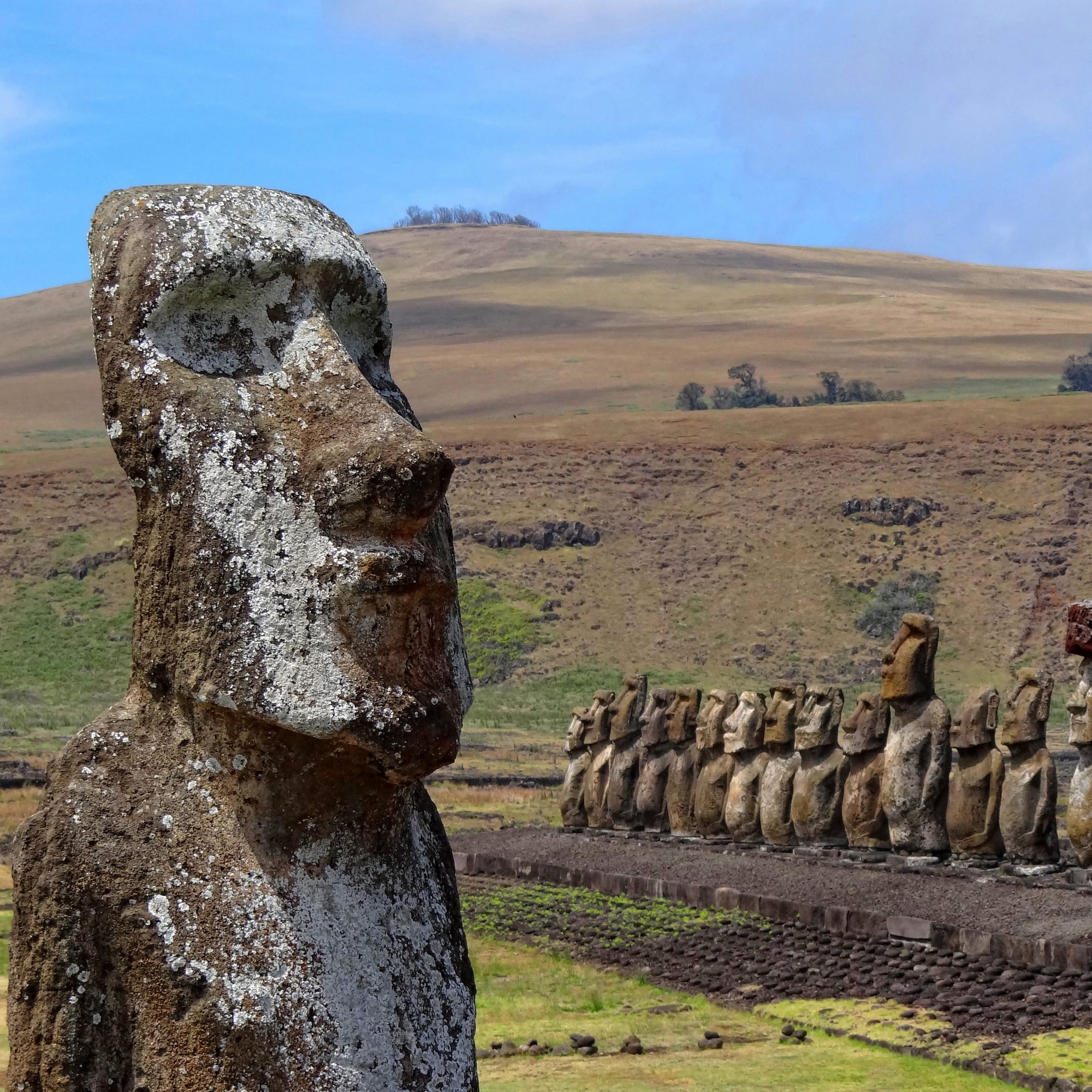 A row of fifteen huge stone statues on a stone platform, backs to the sea