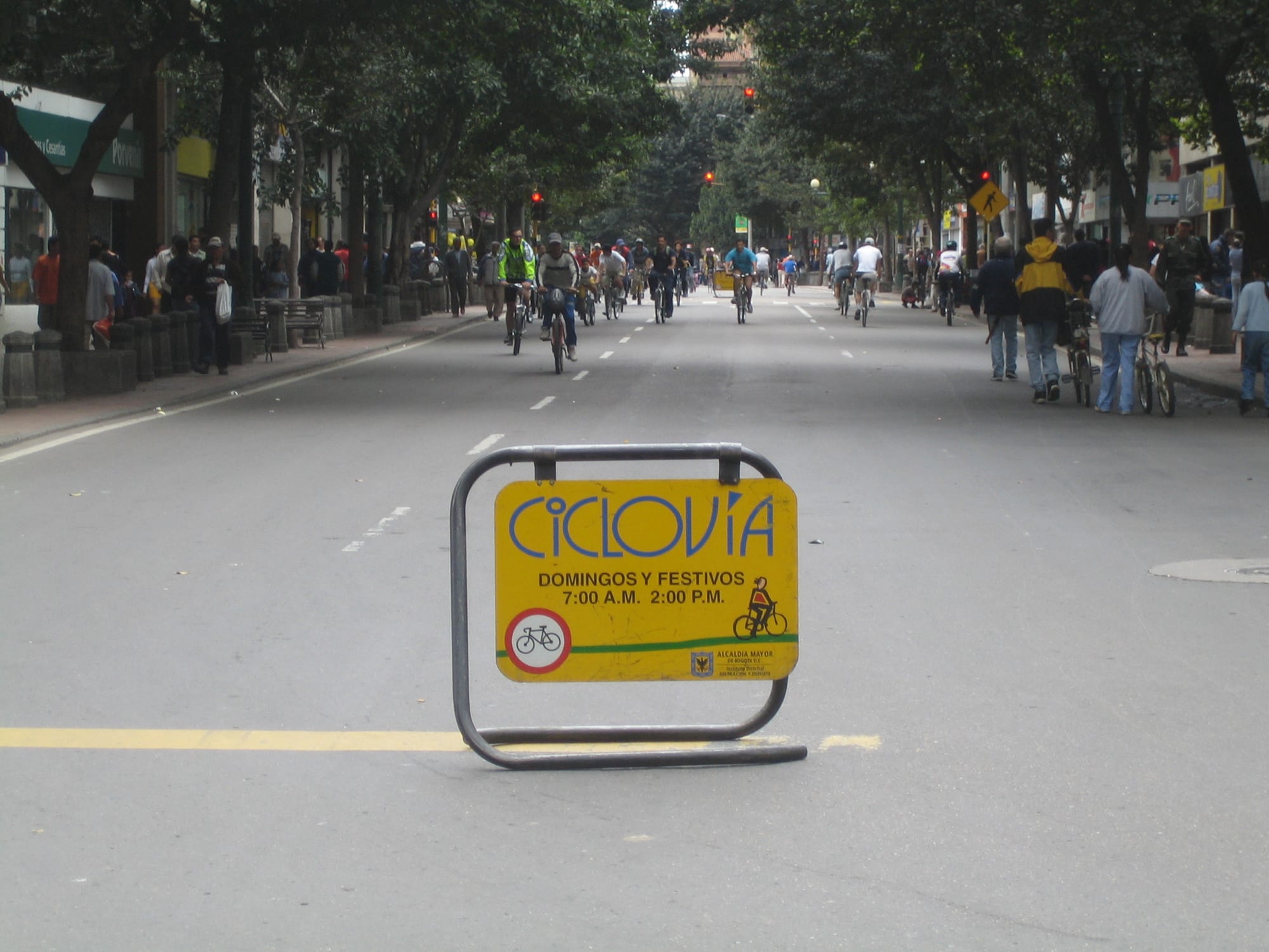 A wide tree-lined avenue in Bogotá closed to traffic, with cyclists and pedestrians filling the road on a Sunday morning